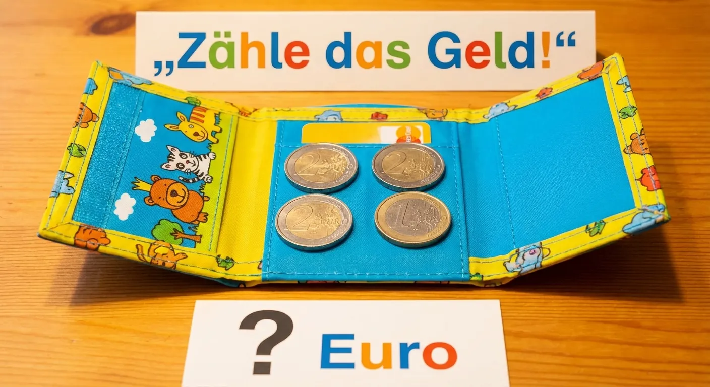 Zeige einen offenen Geldbeutel mit Münzen zum Zählen.

**Aufbau:**
- Ein offener Kindergeldbeutel
- Darin sind 4 Münzen sichtbar: 2€, 2€, 2€, 1€
- Überschrift: „Zähle das Geld!“
- Darunter ein Fragezeichen: „? Euro“

**Gestaltung:**
- Bunter Kindergeldbeutel
- Münzen klar erkennbar
- Große, lesbare Beschriftungen
- Freundliche Farben