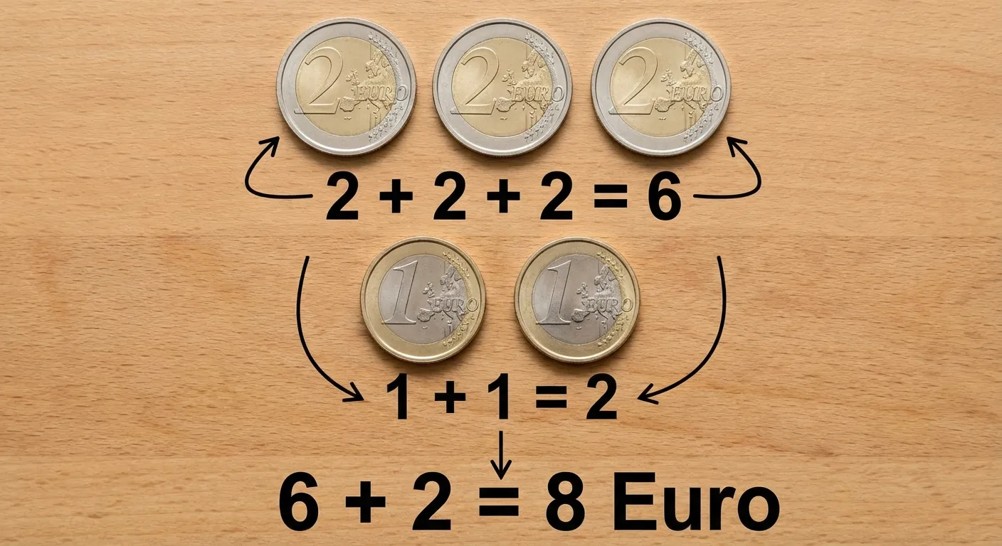Zeige sortierte Münzen als Zählhilfe.

**Aufbau:**
- Obere Reihe: Drei 2-Euro-Münzen nebeneinander, darunter „2 + 2 + 2 = 6“
- Untere Reihe: Zwei 1-Euro-Münzen nebeneinander, darunter „1 + 1 = 2“
- Unten das Gesamtergebnis: „6 + 2 = 8 Euro“

**Gestaltung:**
- Übersichtliches Layout
- Große, klar lesbare Zahlen
- Münzen realistisch dargestellt
- Pfeile zeigen den Rechenweg