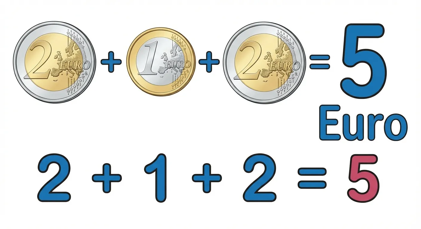 Zeige ein einfaches Rechenbeispiel mit Münzen.

**Aufbau von links nach rechts:**
- Erste Münze: 2-Euro-Münze
- Plus-Zeichen (+)
- Zweite Münze: 1-Euro-Münze
- Plus-Zeichen (+)
- Dritte Münze: 2-Euro-Münze
- Gleichheitszeichen (=)
- Das Ergebnis: „5 Euro“ in großer Schrift

**Darunter die Rechnung:** 2 + 1 + 2 = 5

**Gestaltung:**
- Große, übersichtliche Darstellung
- Die Münzen sind realistisch (zweifarbig)
- Große, klar lesbare Zahlen und Zeichen
- Kinderfreundlicher Stil