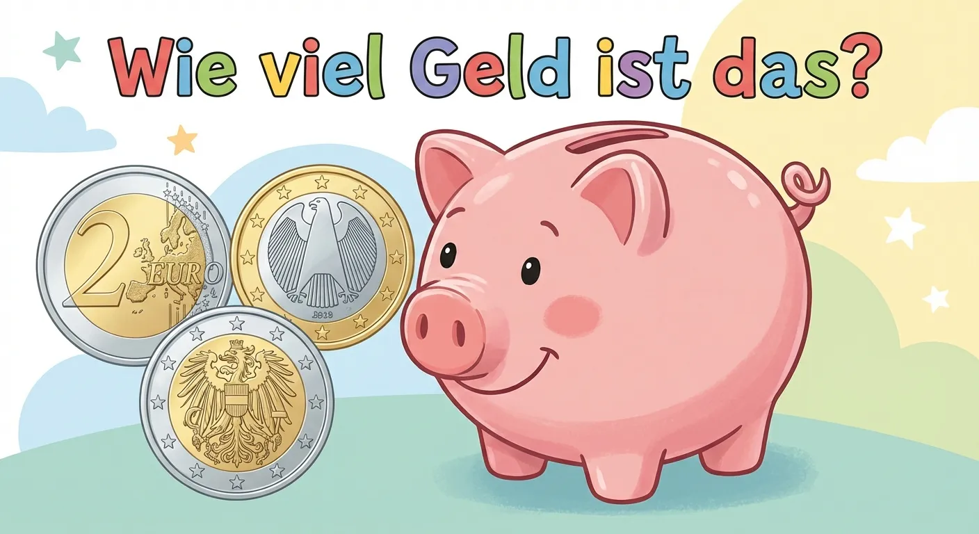 Zeige ein freundliches Sparschwein mit Münzen.

**Aufbau:**
- Ein rosa Sparschwein in der Mitte
- Daneben liegen 3 Euro-Münzen: 2 Euro, 1 Euro, 2 Euro
- Überschrift: „Wie viel Geld ist das?“

**Gestaltung:**
- Fröhliches, rundes Sparschwein
- Die Münzen sind groß und klar erkennbar
- Bunte, kinderfreundliche Farben
- Einfacher Hintergrund