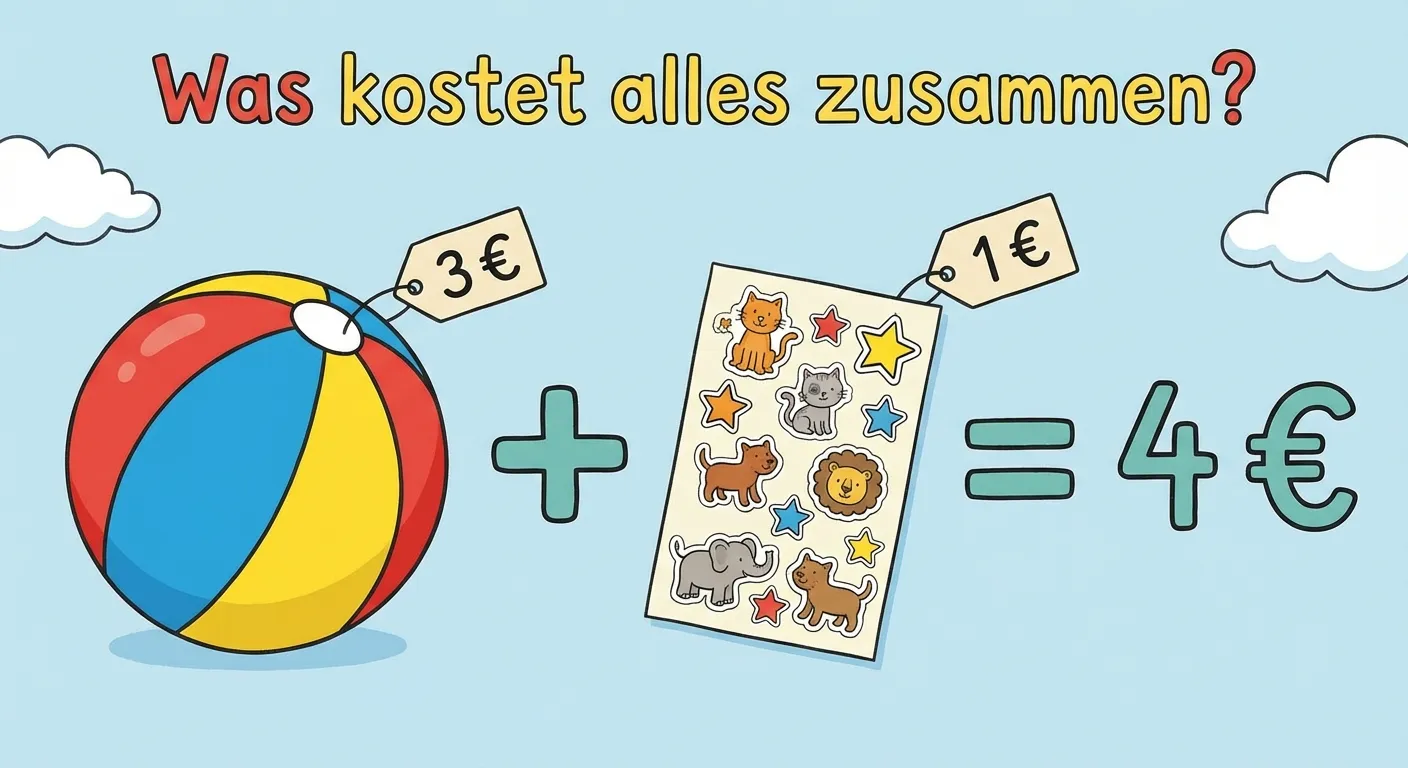 Zeige ein einfaches Einkaufsbeispiel.

**Aufbau:**
- Links: Ein Ball mit Preisschild „3 €“
- Plus-Zeichen (+)
- Rechts: Ein Stickerbogen mit Preisschild „1 €“
- Gleichheitszeichen (=)
- Das Ergebnis: „4 €“
- Überschrift: „Was kostet alles zusammen?“

**Gestaltung:**
- Große, bunte Bilder der Gegenstände
- Klar lesbare Preise und Rechnung
- Kinderfreundlicher Stil
- Übersichtliches Layout