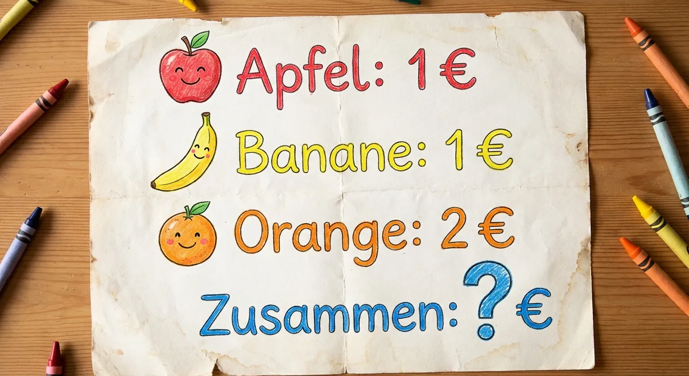 Zeige eine kindgerechte Einkaufsliste.

**Aufbau:**
- Ein Zettel wie eine Einkaufsliste
- Darauf stehen mit Bildern:
  - 🍎 Apfel: 1 €
  - 🍌 Banane: 1 €
  - 🍊 Orange: 2 €
- Unten ein Fragezeichen: „Zusammen: ? €“

**Gestaltung:**
- Der Zettel sieht aus wie echtes Papier
- Kleine bunte Bilder neben den Wörtern
- Große, kindgerechte Schrift
- Fröhliche Farben
