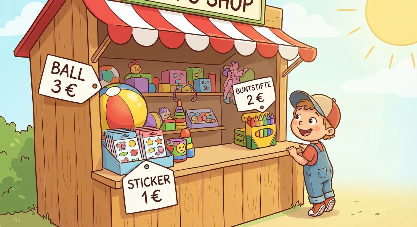 Zeige einen kinderfreundlichen kleinen Laden.

**Aufbau:**
- Ein kleiner Kiosk oder Laden
- Im Regal sind Spielsachen mit Preisschildern:
  - Ball: 3 €
  - Sticker: 1 €
  - Buntstifte: 2 €
- Ein Kind steht davor und schaut

**Gestaltung:**
- Bunte, fröhliche Cartoon-Darstellung
- Große, klar lesbare Preisschilder
- Kinderfreundliche Atmosphäre
- Helle Farben