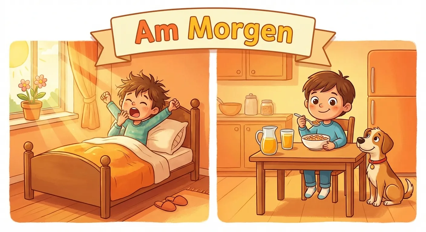Zeige ein Kind am Morgen in zwei Szenen.

**Aufbau:**
- Links: Ein Kind im Bett, das gerade aufwacht und sich streckt. Die Sonne scheint durchs Fenster.
- Rechts: Das gleiche Kind sitzt am Frühstückstisch und isst.
- Überschrift: 
