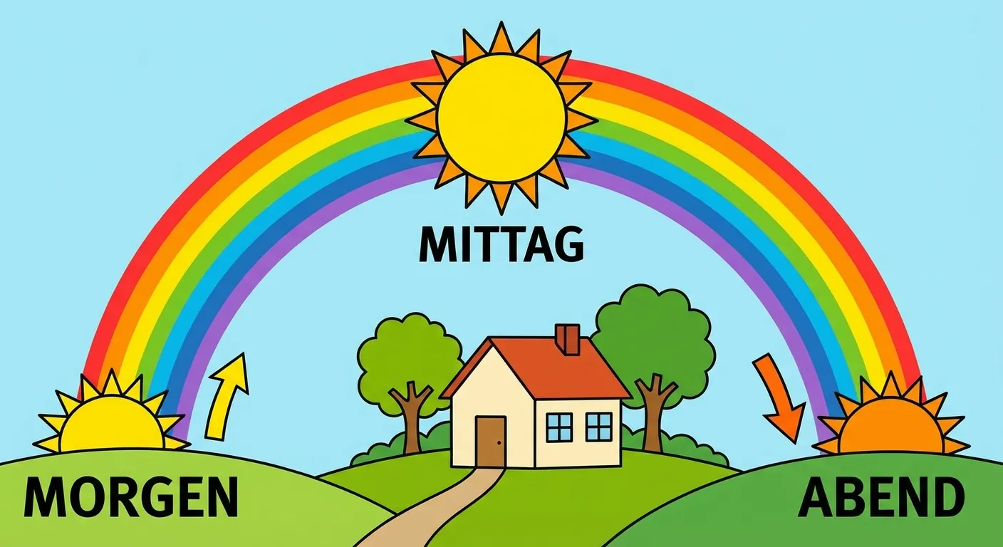 Zeige den Weg der Sonne über den Himmel an einem Tag.

**Aufbau:**
- Eine Landschaft mit Haus und Baum
- Ein Bogen am Himmel zeigt den Weg der Sonne
- Links unten: kleine Sonne mit Pfeil nach oben, Beschriftung 