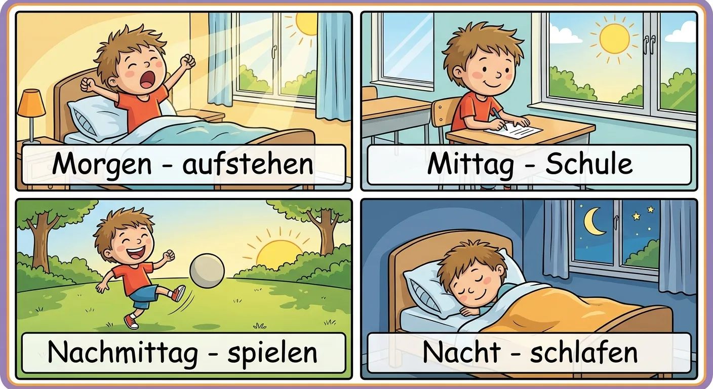 Zeige einen Tagesablauf mit 4 Bildern untereinander.

**Aufbau:**
- Bild 1: Kind wacht auf, Sonne scheint durchs Fenster, Text: 