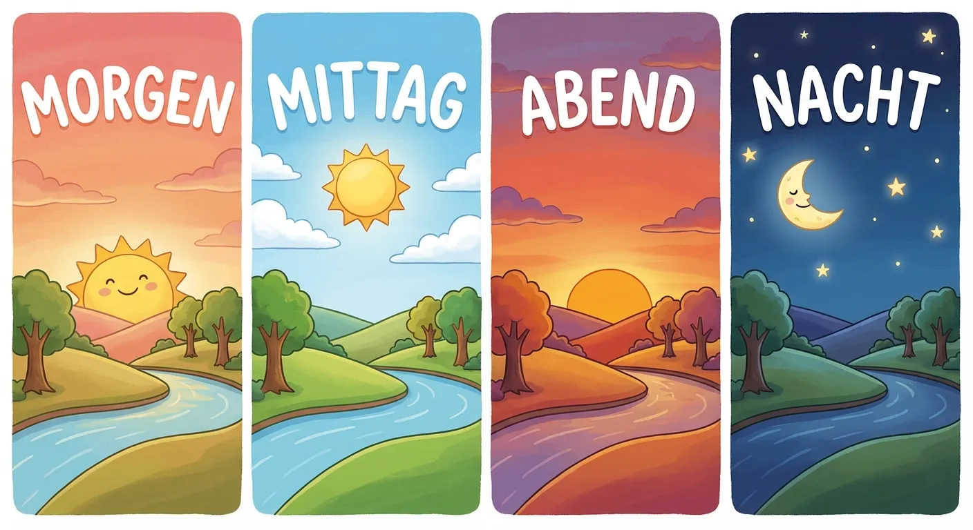 Zeige die vier Tageszeiten in einer Reihe von links nach rechts.

**Aufbau:**
- Vier Bilder nebeneinander, jedes mit einer Landschaft
- Bild 1: Morgen - aufgehende Sonne am Horizont, orange-rosa Himmel, Beschriftung 