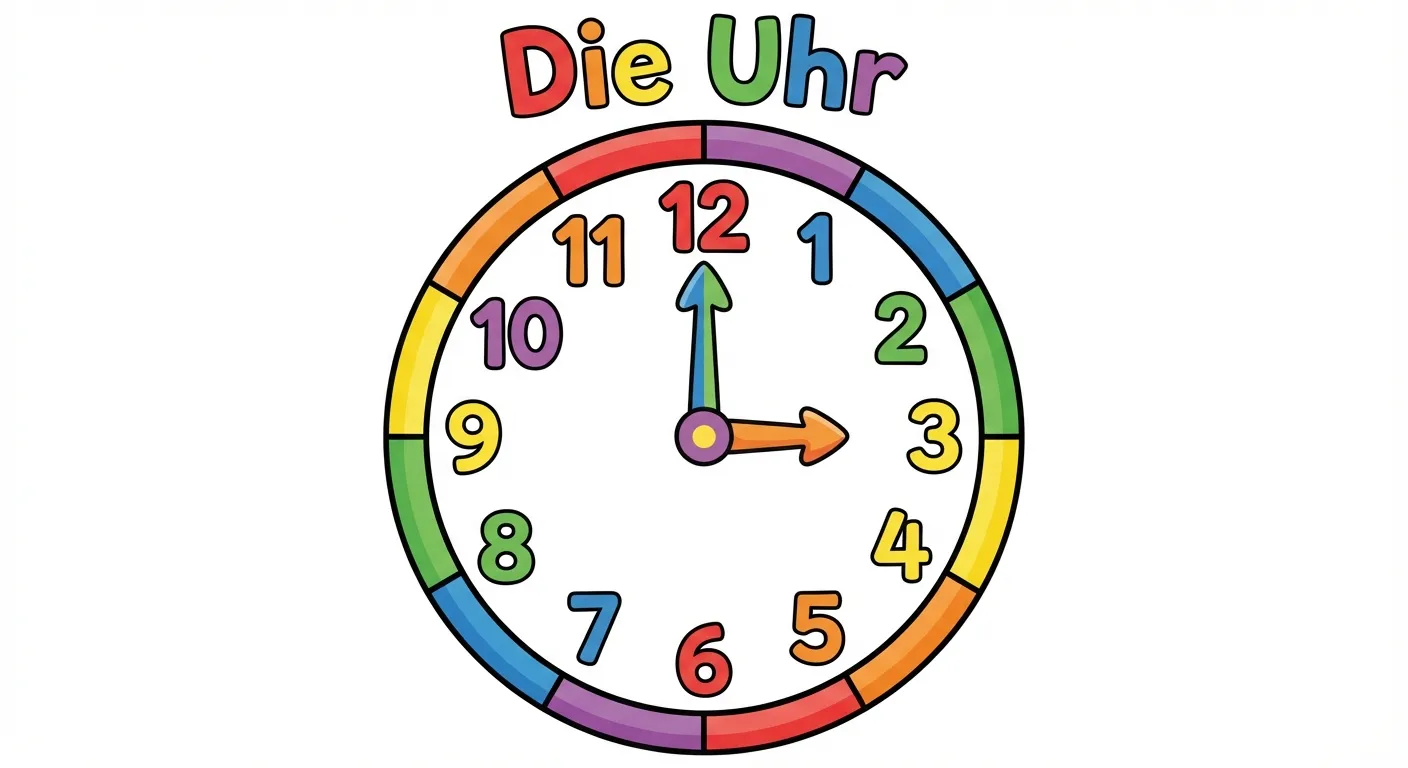 Zeige eine große, bunte Kinderuhr.

**Aufbau:**
- Eine runde Uhr mit farbenfrohem Rand
- Die Zahlen 1 bis 12 groß und klar am Rand
- Zwei Zeiger: ein kurzer dicker und ein langer dünner
- Die Uhr zeigt 3 Uhr (großer Zeiger auf 12, kleiner Zeiger auf 3)
- Überschrift: 