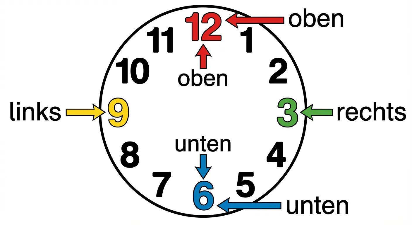 Zeige eine Uhr ohne Zeiger mit hervorgehobenen Zahlen.

**Aufbau:**
- Eine runde Uhr ohne Zeiger
- Die Zahlen 1-12 am Rand, alle gut sichtbar
- Die Zahl 12 oben ist rot markiert mit 