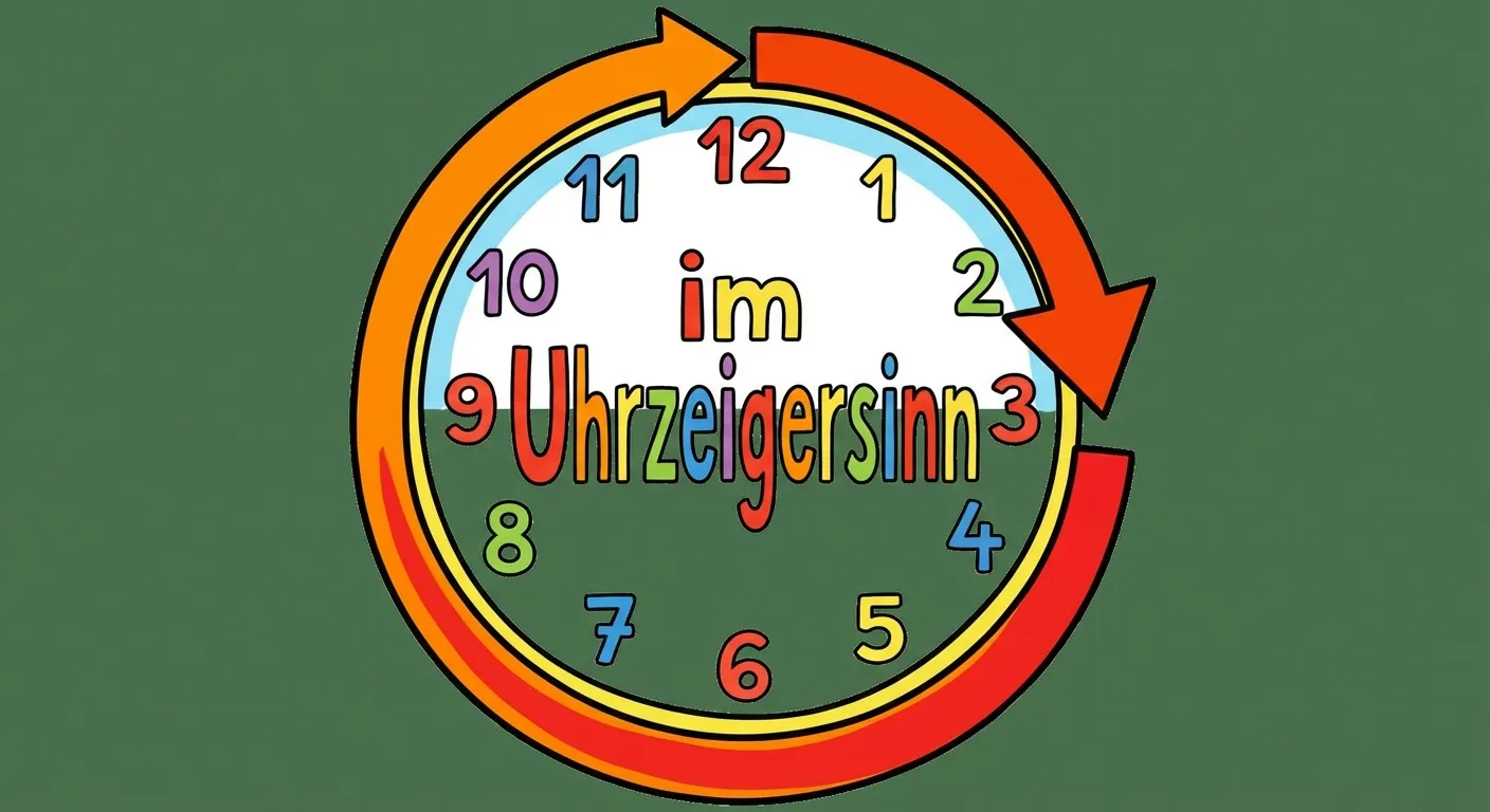 Zeige die Bewegungsrichtung der Uhrzeiger.

**Aufbau:**
- Eine Uhr mit den Zahlen 1-12
- Ein großer gebogener Pfeil, der im Kreis von 12 über 3 über 6 über 9 zurück zur 12 geht
- Der Pfeil zeigt die Richtung 