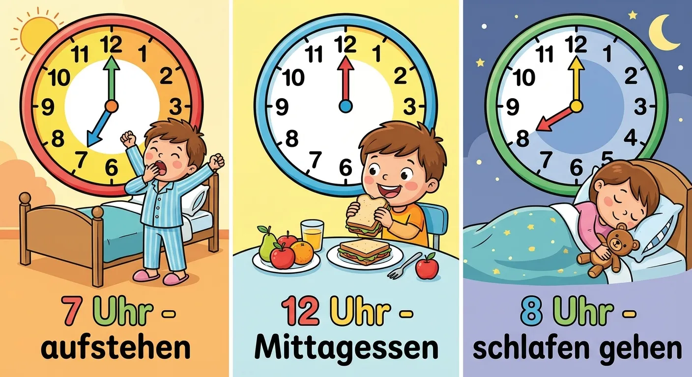 Zeige drei Uhren mit passenden Aktivitäten.

**Aufbau:**
- Drei Bereiche nebeneinander:
- Bereich 1: Uhr zeigt 7 Uhr, daneben ein Kind das aufsteht, Text: 