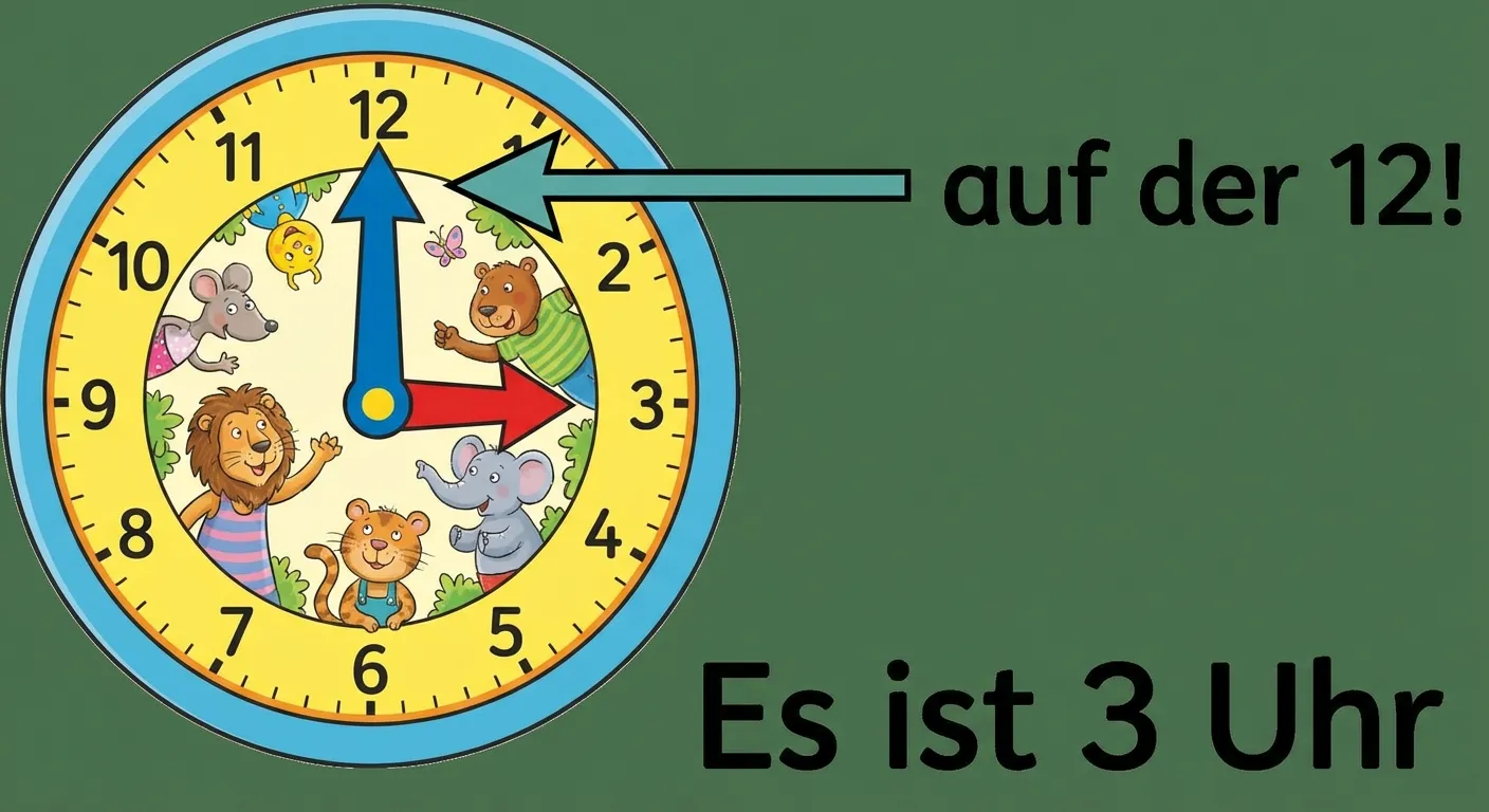 Zeige eine Uhr mit dem großen Zeiger auf der 12.

**Aufbau:**
- Eine Uhr, die 3 Uhr zeigt
- Der große Zeiger (blau) zeigt genau nach oben auf die 12
- Der kleine Zeiger (rot) zeigt auf die 3
- Ein Pfeil zeigt auf den großen Zeiger mit Text: 