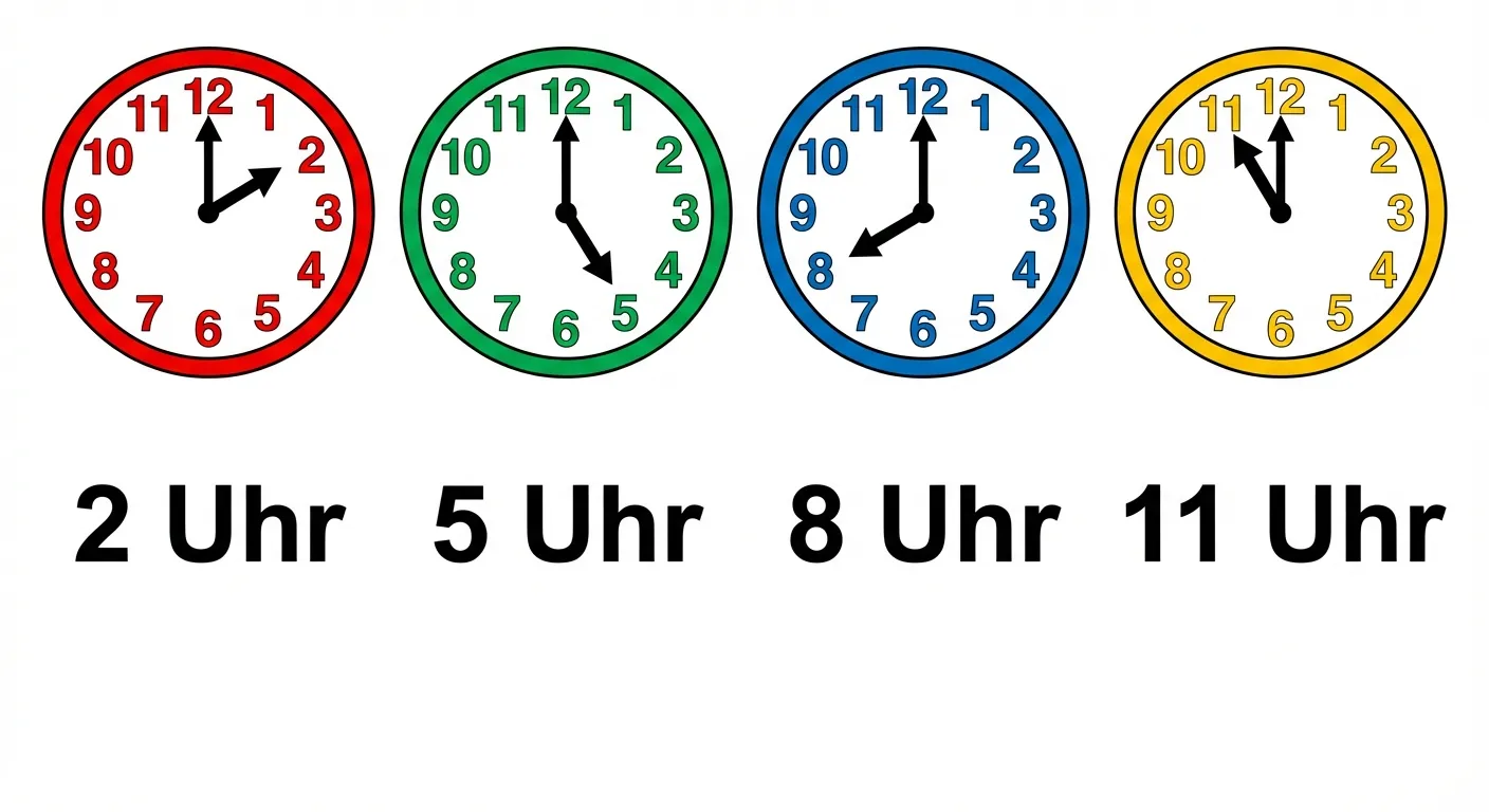 Zeige vier Uhren nebeneinander mit verschiedenen Uhrzeiten.

**Aufbau:**
- Vier Uhren in einer Reihe
- Uhr 1: zeigt 2 Uhr, darunter 