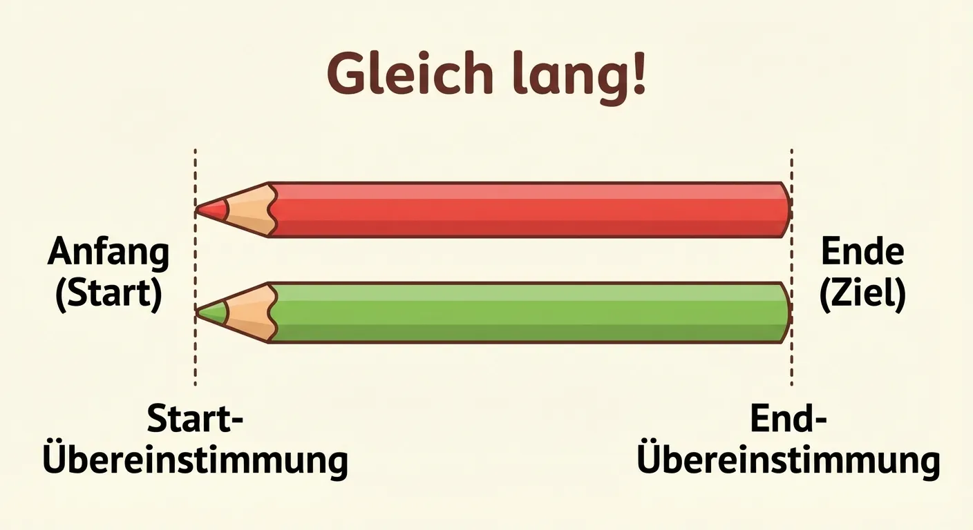 Erstelle eine Darstellung von zwei gleich langen Gegenständen.

**Aufbau:**
- Zwei Buntstifte übereinander
- Beide Stifte sind exakt gleich lang
- Beide beginnen und enden an der gleichen Stelle
- Überschrift: „Gleich lang!“
- Ein Oben-Stift in Rot, ein Unten-Stift in Grün

**Gestaltung:**
- Deutlich erkennbar, dass beide gleich lang sind
- Gestrichelte Linien an Anfang und Ende zeigen die Übereinstimmung
- Große, lesbare Beschriftung
- Fröhliche Farben