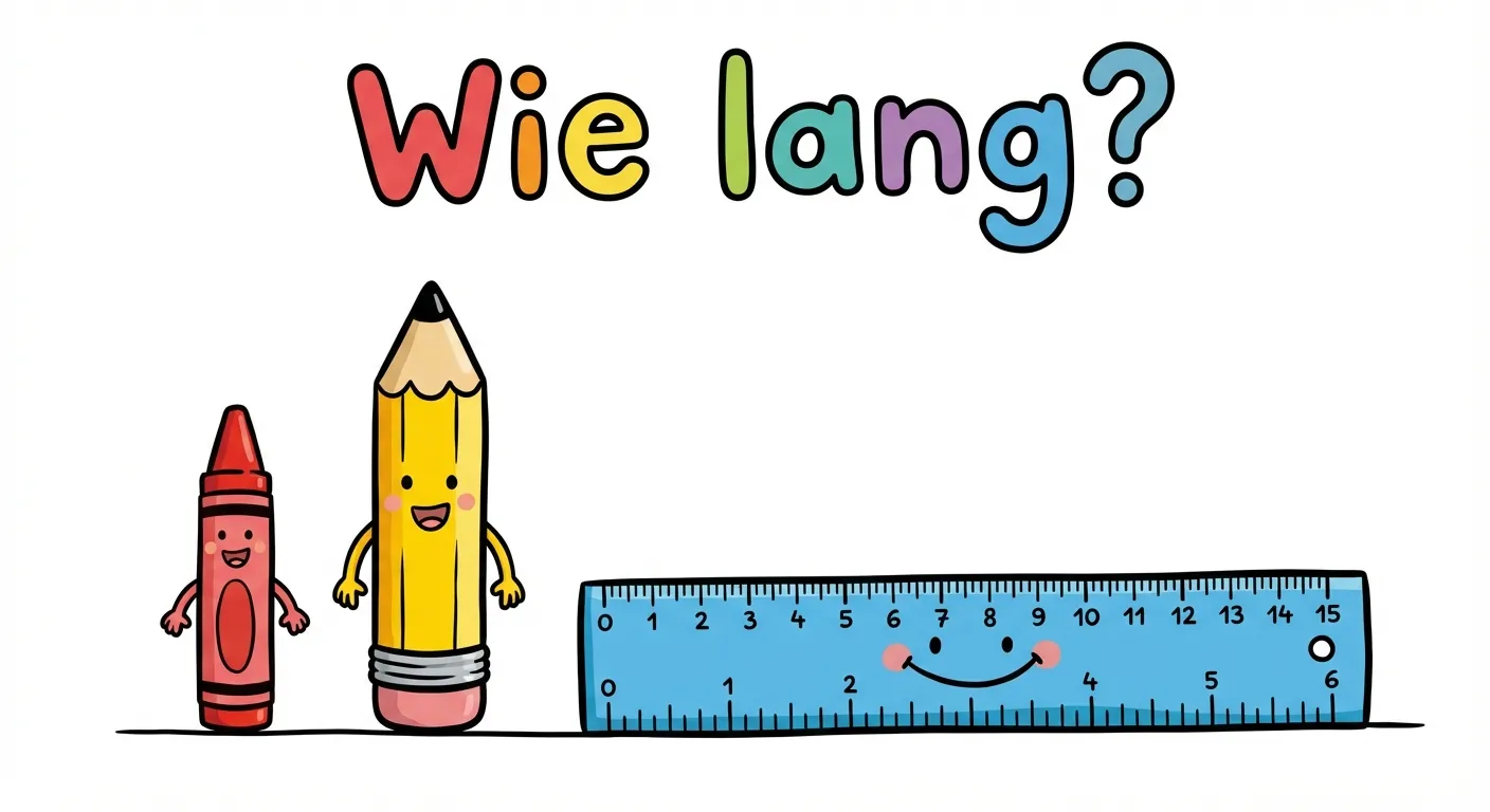 Erstelle eine farbenfrohe Illustration für Kinder mit verschiedenen Alltagsgegenständen.

**Aufbau:**
- Links: Ein kurzer roter Buntstift
- Mitte: Ein längerer gelber Bleistift
- Rechts: Ein noch längeres blaues Lineal
- Alle drei Gegenstände auf einer Linie angeordnet, um die Längenunterschiede zu zeigen
- Überschrift: „Wie lang?“

**Gestaltung:**
- Cartoon-Stil, fröhlich und bunt
- Klare Größenunterschiede sichtbar
- Weißer Hintergrund
- Kinderfreundliche Farben