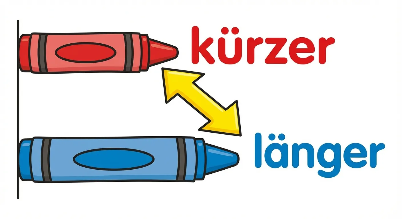 Erstelle eine klare Darstellung zum Vergleichen von Längen.

**Aufbau:**
- Oben: Ein kurzer roter Stift (etwa 5 cm)
- Unten: Ein langer blauer Stift (etwa 10 cm)
- Beide Stifte beginnen am gleichen Punkt links
- Rechts vom kurzen Stift: „kürzer“
- Rechts vom langen Stift: „länger“
- Ein Pfeil zeigt den Unterschied

**Gestaltung:**
- Einfache, klare Zeichnung
- Große, lesbare Wörter
- Bunter, kinderfreundlicher Stil
- Weißer Hintergrund
