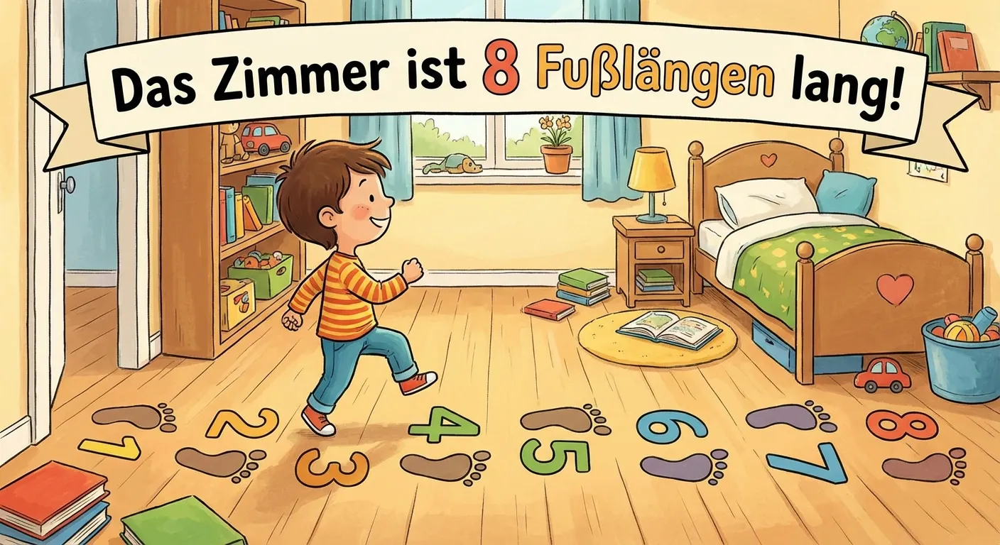 Erstelle eine Darstellung eines Kindes, das einen Raum mit Füßen abmisst.

**Aufbau:**
- Ein Kind läuft durch einen Raum
- Fußabdrücke auf dem Boden zeigen die Schritte
- Die Fußabdrücke sind nummeriert: 1, 2, 3, 4, 5, 6, 7, 8
- Überschrift: „Das Zimmer ist 8 Fußlängen lang!“

**Gestaltung:**
- Fröhliches Kind von der Seite
- Klare Fußabdrücke am Boden
- Große, lesbare Zahlen
- Bunter, kinderfreundlicher Cartoon-Stil