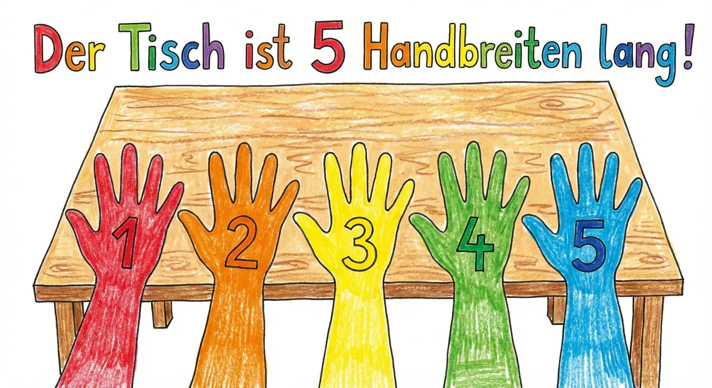 Erstelle eine Darstellung vom Messen eines Tisches mit Händen.

**Aufbau:**
- Ein Tisch von oben gesehen
- 5 Hände nebeneinander auf dem Tisch
- Jede Hand ist nummeriert: 1, 2, 3, 4, 5
- Überschrift: „Der Tisch ist 5 Handbreiten lang!“

**Gestaltung:**
- Einfache, klare Zeichnung
- Bunte Kinderhände
- Große, lesbare Zahlen
- Fröhlicher Stil für 1. Klasse
