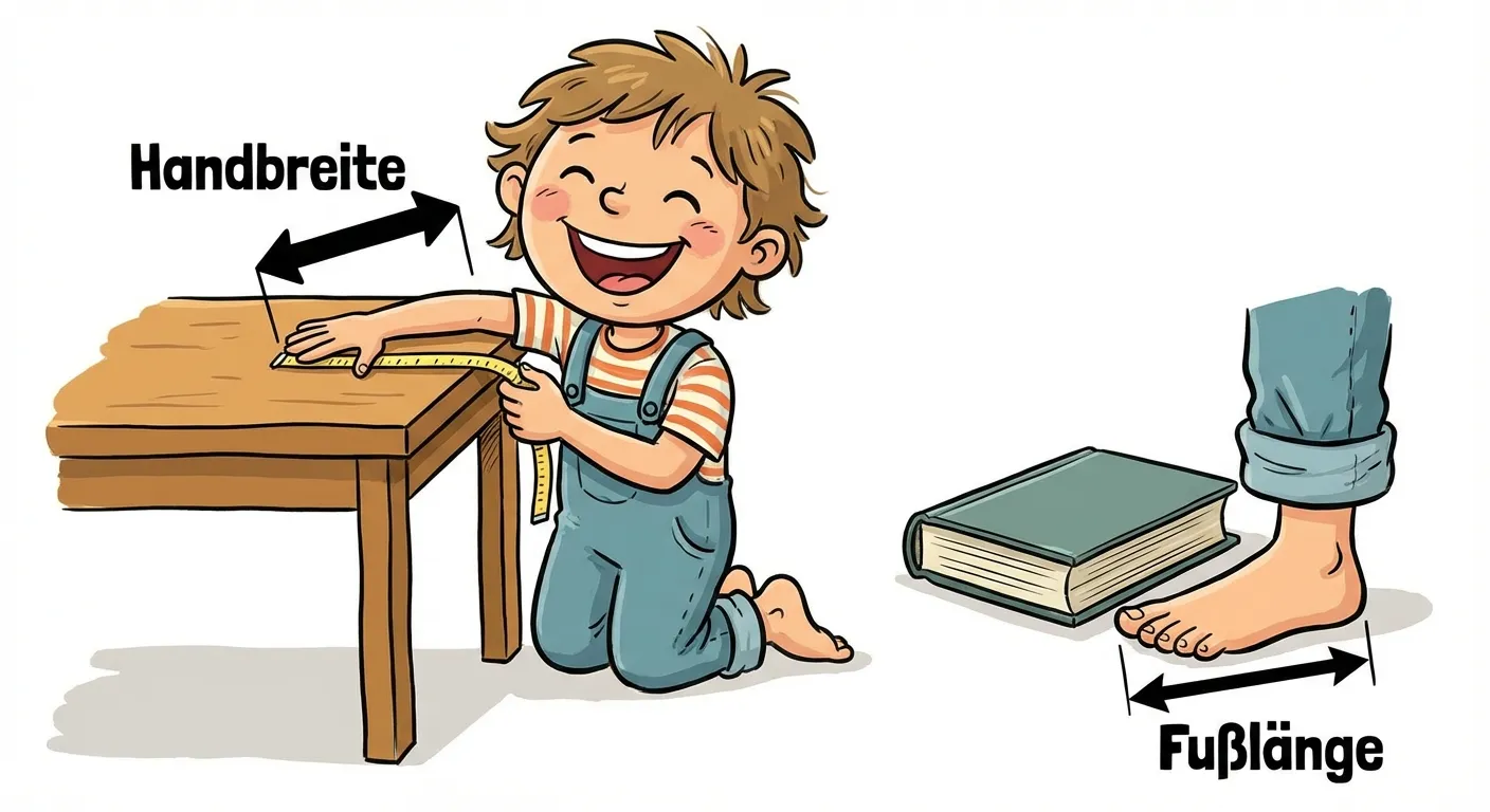 Erstelle eine fröhliche Illustration eines Kindes, das mit Körperteilen misst.

**Aufbau:**
- Ein fröhliches Kind
- Links: Das Kind misst einen Tisch mit der Hand (Handbreite)
- Ein Pfeil zeigt auf die Hand mit der Beschriftung „Handbreite“
- Rechts: Ein Fuß neben einem Buch mit Beschriftung „Fußlänge“

**Gestaltung:**
- Cartoon-Stil, fröhlich und kinderfreundlich
- Klare Beschriftungen
- Bunte Farben
- Weißer Hintergrund