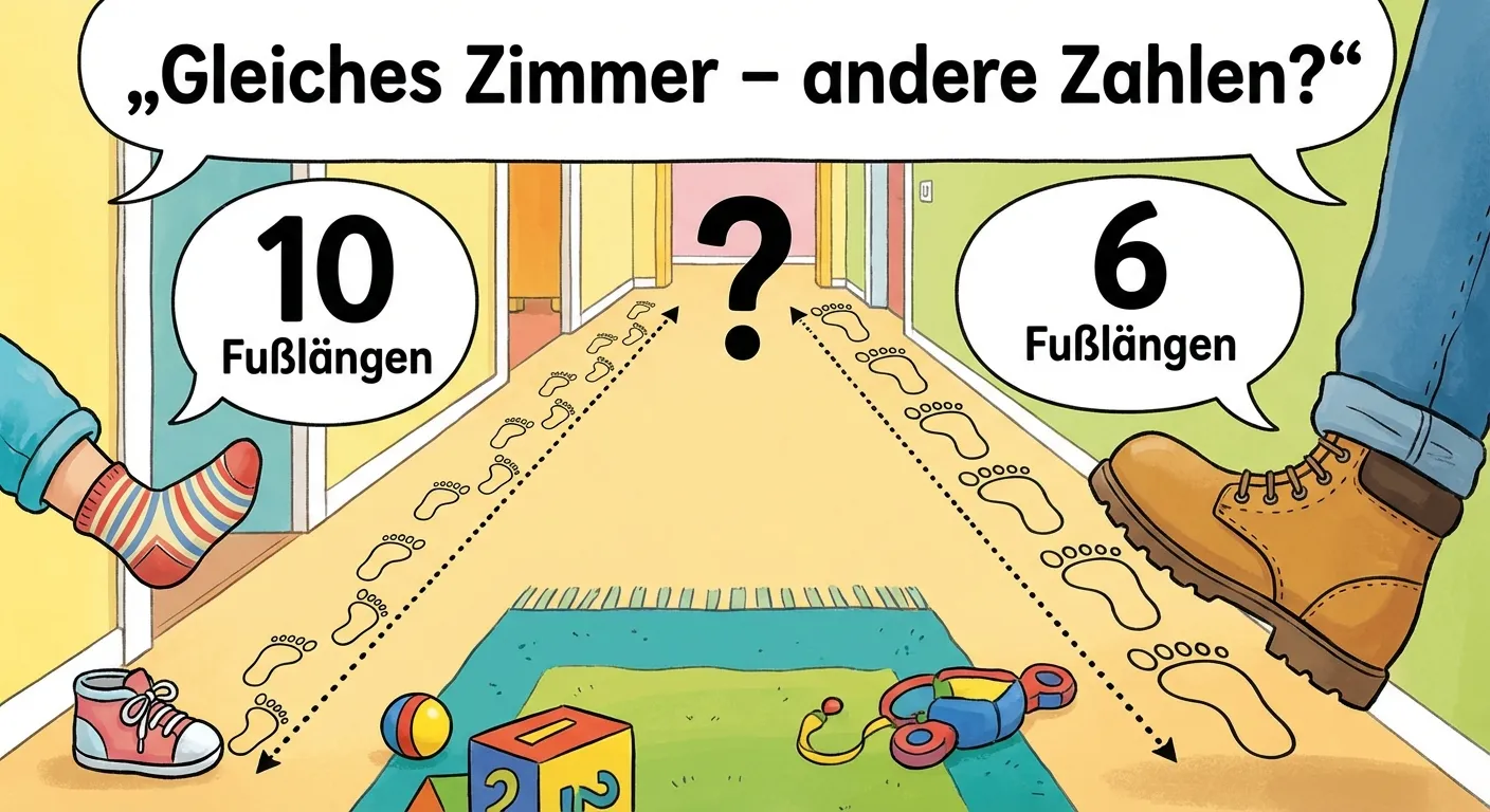 Erstelle eine Darstellung, die das Problem unterschiedlicher Fußgrößen zeigt.

**Aufbau:**
- Links: Ein kleiner Kinderfuß, darüber „10 Fußlängen“
- Rechts: Ein großer Erwachsenenfuß, darüber „6 Fußlängen“
- Unten: Dieselbe Strecke (z.B. ein Flur)
- Überschrift: „Gleiches Zimmer – andere Zahlen?“
- Ein Fragezeichen in der Mitte

**Gestaltung:**
- Klarer Größenunterschied zwischen den Füßen
- Bunte, einfache Illustration
- Große, lesbare Zahlen und Text
- Kinderfreundlicher Stil