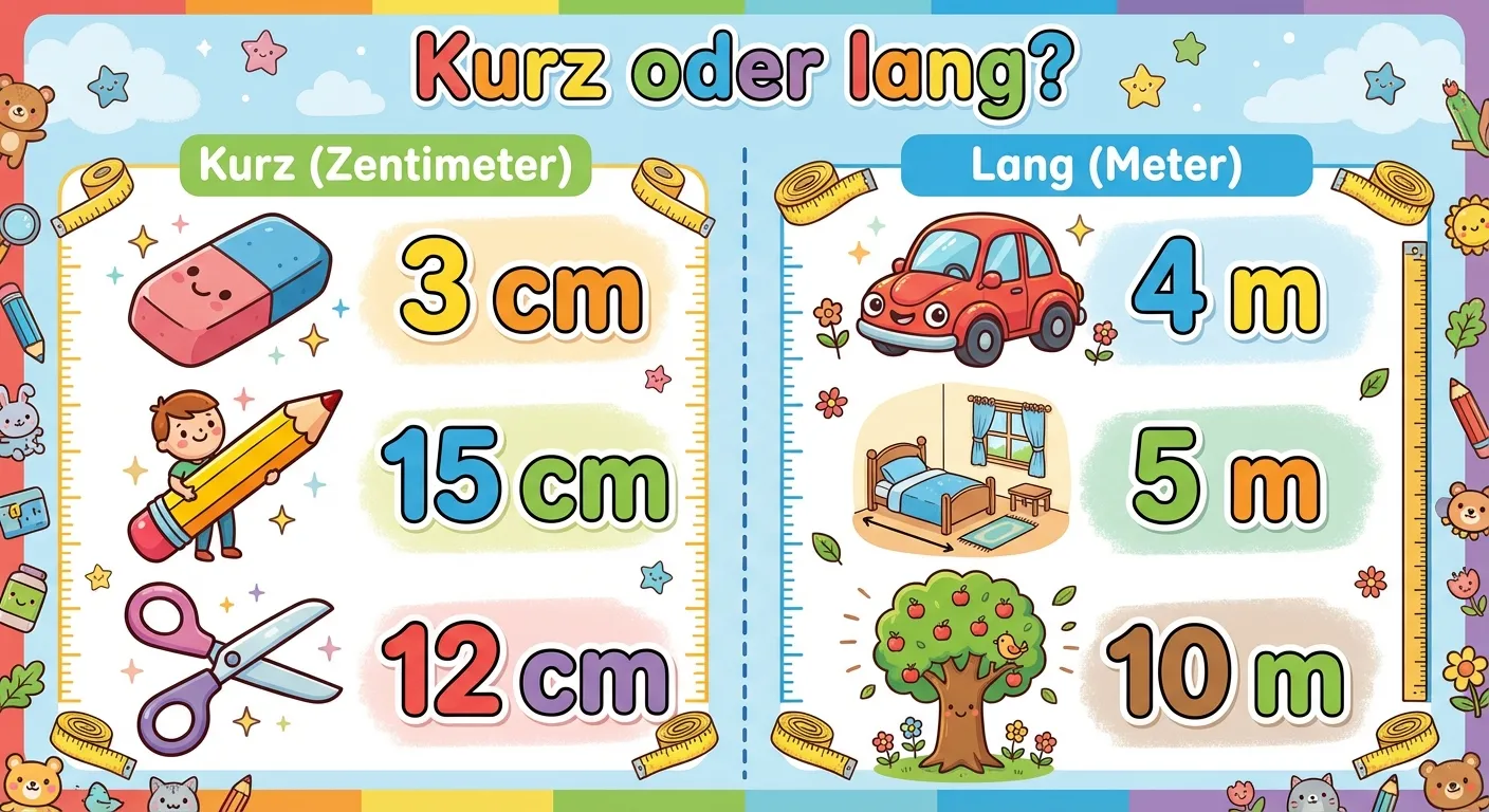 Erstelle eine Übersicht mit verschiedenen Längen.

**Aufbau:**
- Zwei Spalten:
- Links „Kurz (Zentimeter)“: Radiergummi (3 cm), Bleistift (15 cm), Schere (12 cm)
- Rechts „Lang (Meter)“: Auto (4 m), Zimmer (5 m), Baum (10 m)
- Überschrift: „Kurz oder lang?“

**Gestaltung:**
- Klare Unterteilung
- Bunte Illustrationen der Gegenstände
- Große, lesbare Zahlen
- Kinderfreundlicher Stil