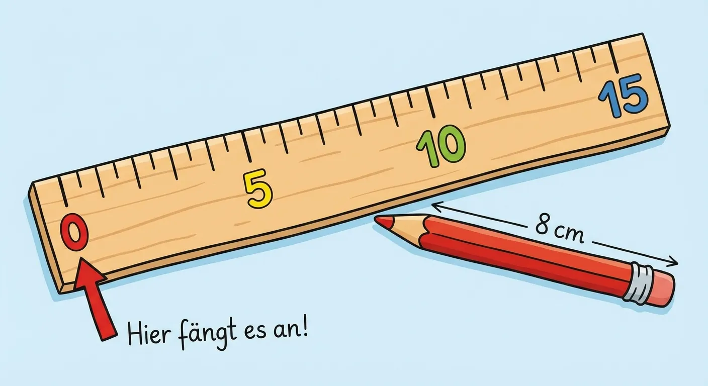 Erstelle eine klare Darstellung eines Lineals für Kinder.

**Aufbau:**
- Ein Lineal von 0 bis 15 cm
- Die Zahlen 0, 5, 10, 15 sind besonders groß
- Kleine Striche für jeden Zentimeter
- Ein roter Pfeil zeigt auf die 0 mit Beschriftung „Hier fängt es an!“
- Ein Buntstift liegt am Lineal (8 cm lang)

**Gestaltung:**
- Große, klar lesbare Zahlen
- Deutliche Striche auf dem Lineal
- Freundliche Farben
- Einfacher, klarer Stil für 1. Klasse