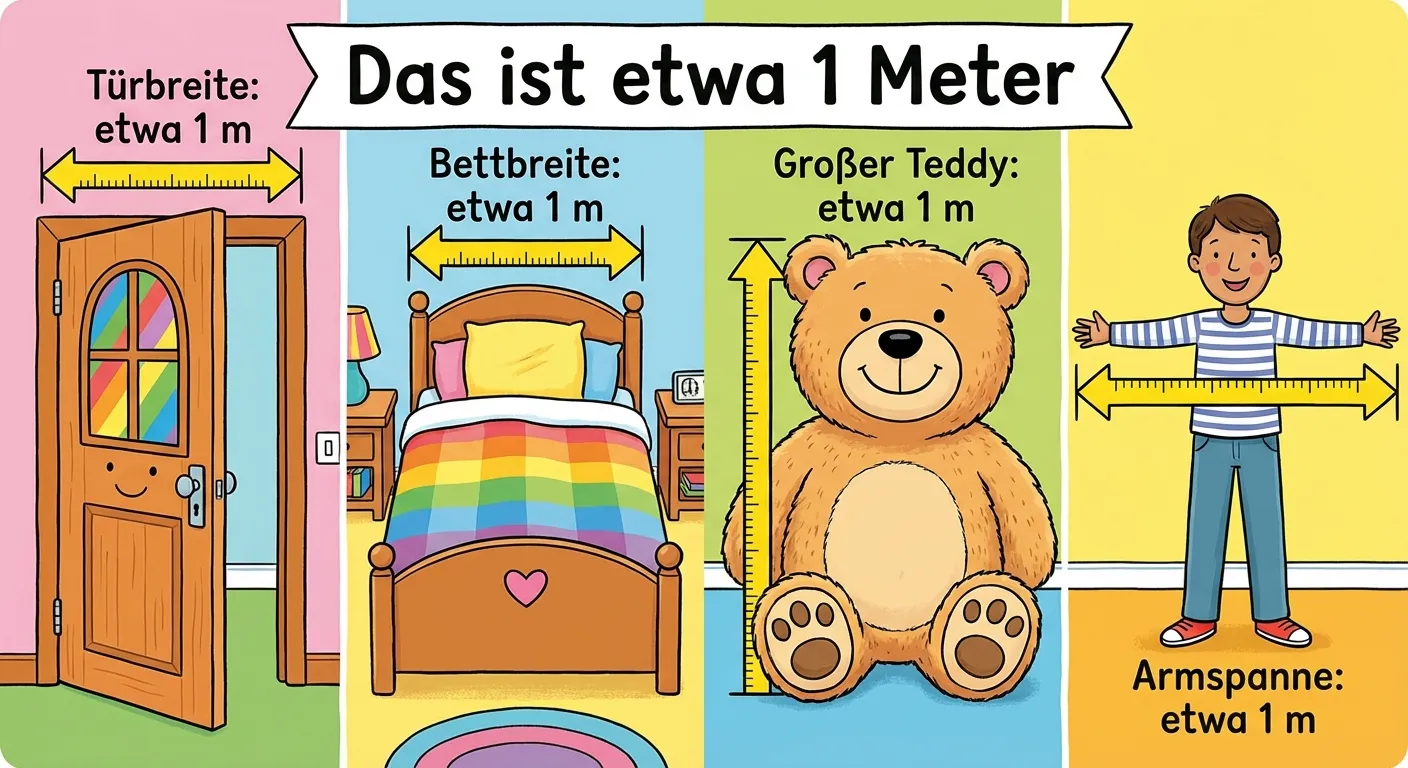 Erstelle eine Illustration mit Gegenständen, die etwa 1 Meter lang sind.

**Aufbau:**
- 4 Bilder nebeneinander:
  1. Eine Tür (mit Beschriftung „Türbreite: etwa 1 m“)
  2. Ein Bett (mit Beschriftung „Bettbreite: etwa 1 m“)
  3. Ein großer Teddy (mit Beschriftung „Großer Teddy: etwa 1 m“)
  4. Arme eines Erwachsenen ausgestreckt (mit Beschriftung „Armspanne: etwa 1 m“)
- Überschrift: „Das ist etwa 1 Meter“

**Gestaltung:**
- Klare, einfache Bilder
- Große, lesbare Beschriftungen
- Bunte, kinderfreundliche Illustration
- Übersichtliches Layout