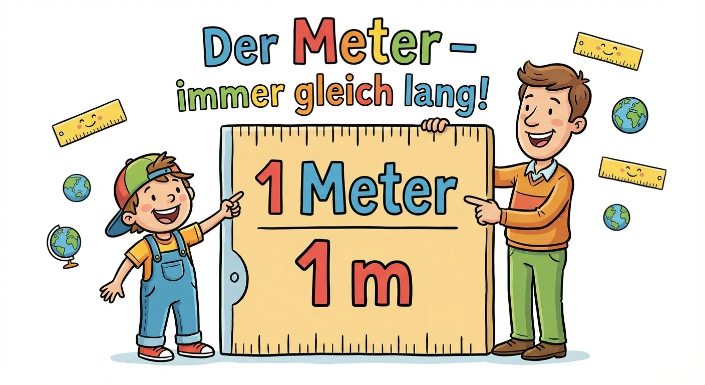 Erstelle eine Darstellung, die den Meter als universelles Maß zeigt.

**Aufbau:**
- In der Mitte: Ein großer Meterstab mit der Beschriftung „1 Meter“
- Links daneben: Ein Kind
- Rechts daneben: Ein Erwachsener
- Beide zeigen auf den Meterstab
- Überschrift: „Der Meter – immer gleich lang!“

**Gestaltung:**
- Fröhliche, bunte Illustration
- Klare Beschriftung „1 Meter“ oder „1 m“
- Kinderfreundlicher Cartoon-Stil
- Weißer Hintergrund