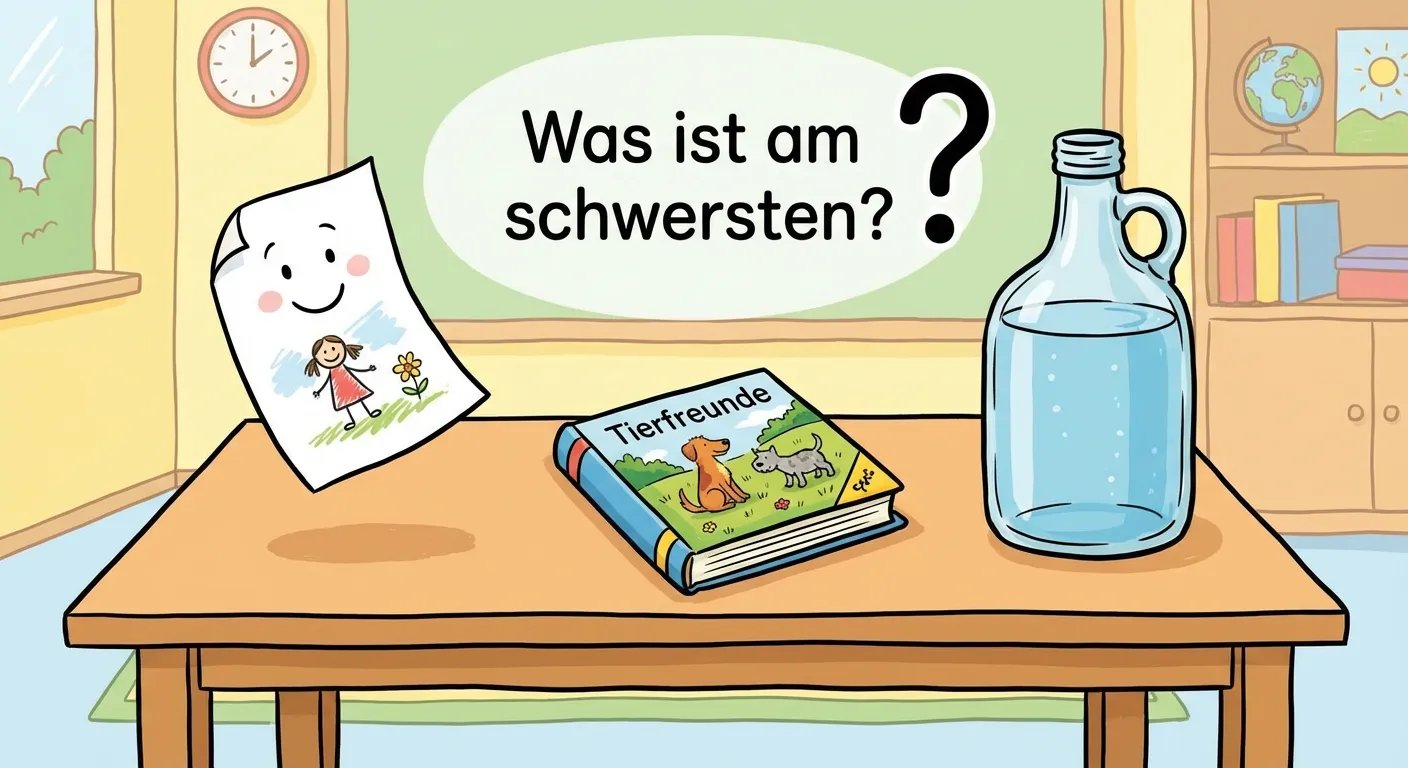 Erstelle eine Szene mit verschiedenen Haushaltsgegenständen zum Vergleichen.

**Aufbau:**
- Ein Tisch mit verschiedenen Gegenständen
- Links: Ein leichtes Blatt Papier
- Mitte: Ein mittelgroßes Buch
- Rechts: Eine schwere Wasserflasche
- Fragezeichen: „Was ist am schwersten?“

**Gestaltung:**
- Freundliche Cartoon-Darstellung
- Klare Größenunterschiede
- Bunte, alltägliche Gegenstände
- Kinderfreundlicher Stil für 1. Klasse