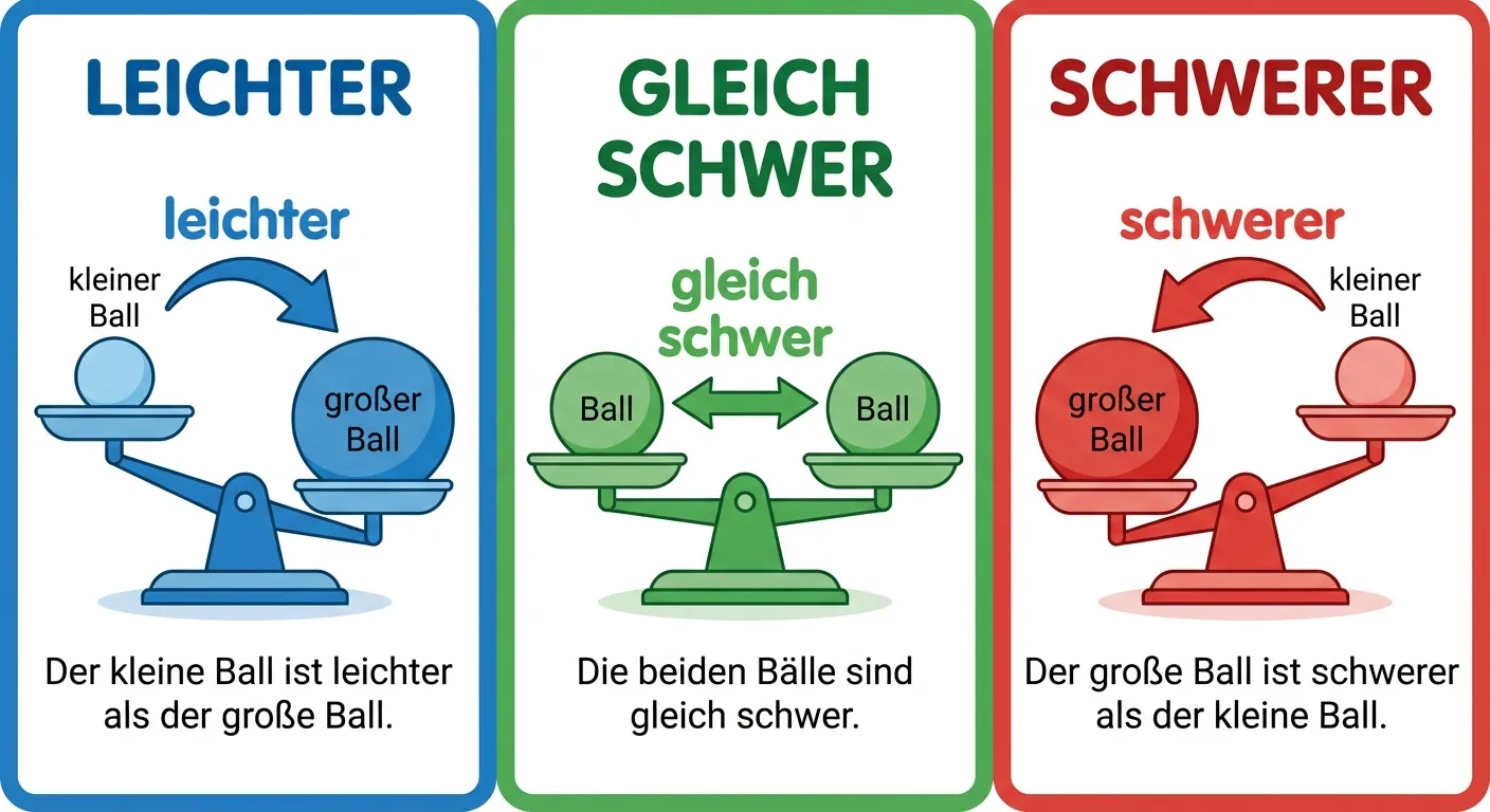 Erstelle eine übersichtliche Darstellung der drei wichtigen Vergleichswörter.

**Aufbau:**
- Drei Bereiche nebeneinander
- Links: Kleiner Ball oben, großer Ball unten, dazwischen „leichter“
- Mitte: Zwei gleich große Bälle auf gleicher Höhe, dazwischen „gleich schwer“
- Rechts: Großer Ball oben, kleiner Ball unten, dazwischen „schwerer“

**Gestaltung:**
- Einfache, klare Symbole
- Große, gut lesbare Wörter
- Verschiedene Farben für jeden Bereich (blau, grün, rot)
- Weißer Hintergrund
- Übersichtlich für 1. Klasse