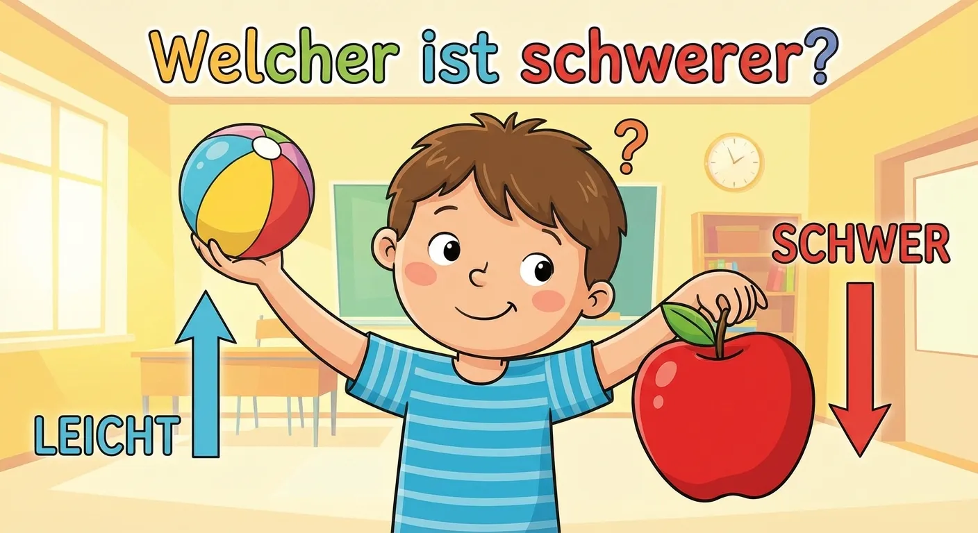 Erstelle eine Illustration von einem Kind, das zwei Gegenstände in den Händen hält und vergleicht.

**Aufbau:**
- Ein fröhliches Kind mit ausgestreckten Armen
- Linke Hand: Ein leichter Ball (höher)
- Rechte Hand: Ein schwerer Apfel (tiefer)
- Pfeile zeigen: linke Hand hoch = leicht, rechte Hand runter = schwer
- Überschrift: „Welcher ist schwerer?“

**Gestaltung:**
- Freundlicher Cartoon-Stil
- Das Kind sieht fragend aus
- Deutlich sichtbar, dass eine Hand tiefer hängt
- Helle, fröhliche Farben
- Kinderfreundlich für 1. Klasse