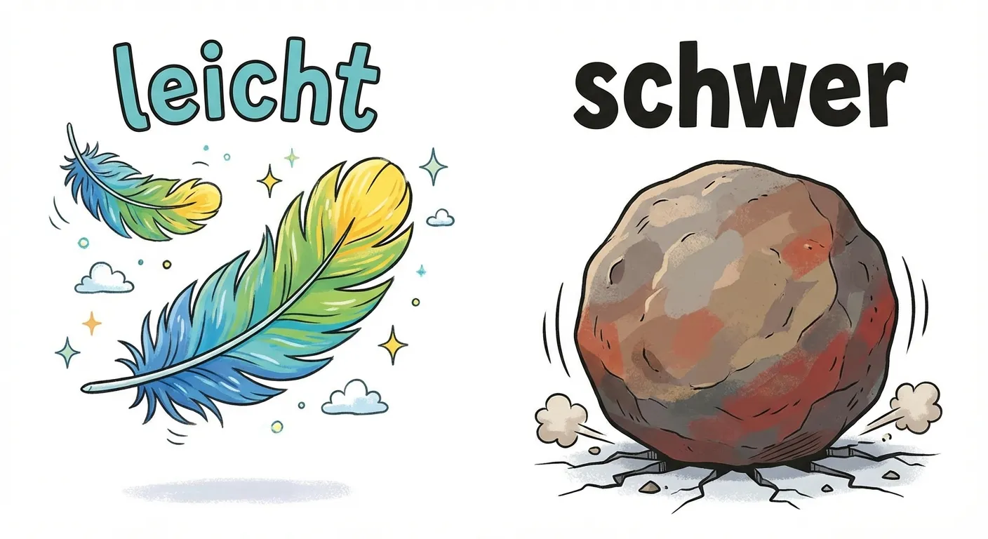 Erstelle eine farbenfrohe Darstellung für Kinder zum Thema schwer und leicht.

**Aufbau:**
- Links: Ein leichter Gegenstand – eine Feder, schwebt fast
- Rechts: Ein schwerer Gegenstand – ein Stein
- Über der Feder: „leicht“
- Über dem Stein: „schwer“

**Gestaltung:**
- Cartoon-Stil, fröhlich und bunt
- Klarer Unterschied zwischen leicht und schwer
- Große, lesbare Wörter
- Weißer Hintergrund
- Kinderfreundliche Farben für 1. Klasse