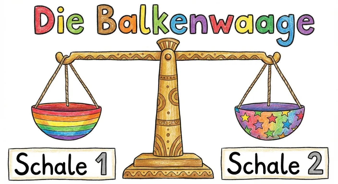 Erstelle eine klare Darstellung einer Balkenwaage für Kinder.

**Aufbau:**
- Eine einfache Balkenwaage in der Mitte
- Zwei Waagschalen links und rechts
- Die Waage ist im Gleichgewicht (beide Seiten gleich hoch)
- Überschrift: „Die Balkenwaage“
- Beschriftung links: „Schale 1“, rechts: „Schale 2“

**Gestaltung:**
- Einfache, klare Zeichnung
- Bunte Farben (goldene/braune Waage, bunte Schalen)
- Große, lesbare Beschriftungen
- Kinderfreundlicher Cartoon-Stil
- Weißer Hintergrund