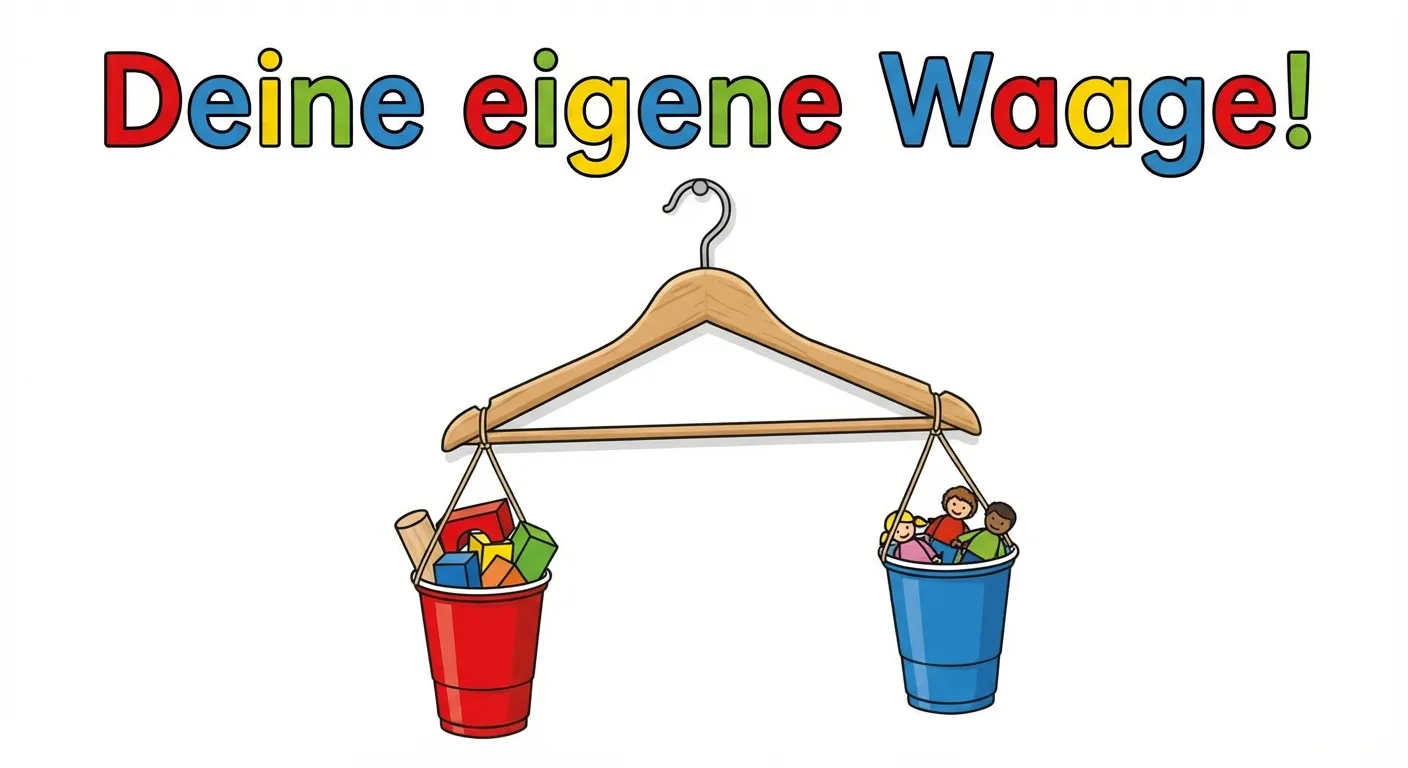 Erstelle eine Anleitung für eine selbstgebaute Waage aus einem Kleiderbügel.

**Aufbau:**
- Ein Kleiderbügel, der an einem Haken hängt
- Links und rechts: Je ein kleiner Becher oder Korb
- In den Bechern: Kleine Gegenstände (Bauklötze, Spielfiguren)
- Überschrift: „Deine eigene Waage!“

**Gestaltung:**
- Einfache, nachbaubare Darstellung
- Bunte Becher und Spielsachen
- Kleiderbügel deutlich erkennbar
- Kinderfreundliche Illustration
- Weißer Hintergrund