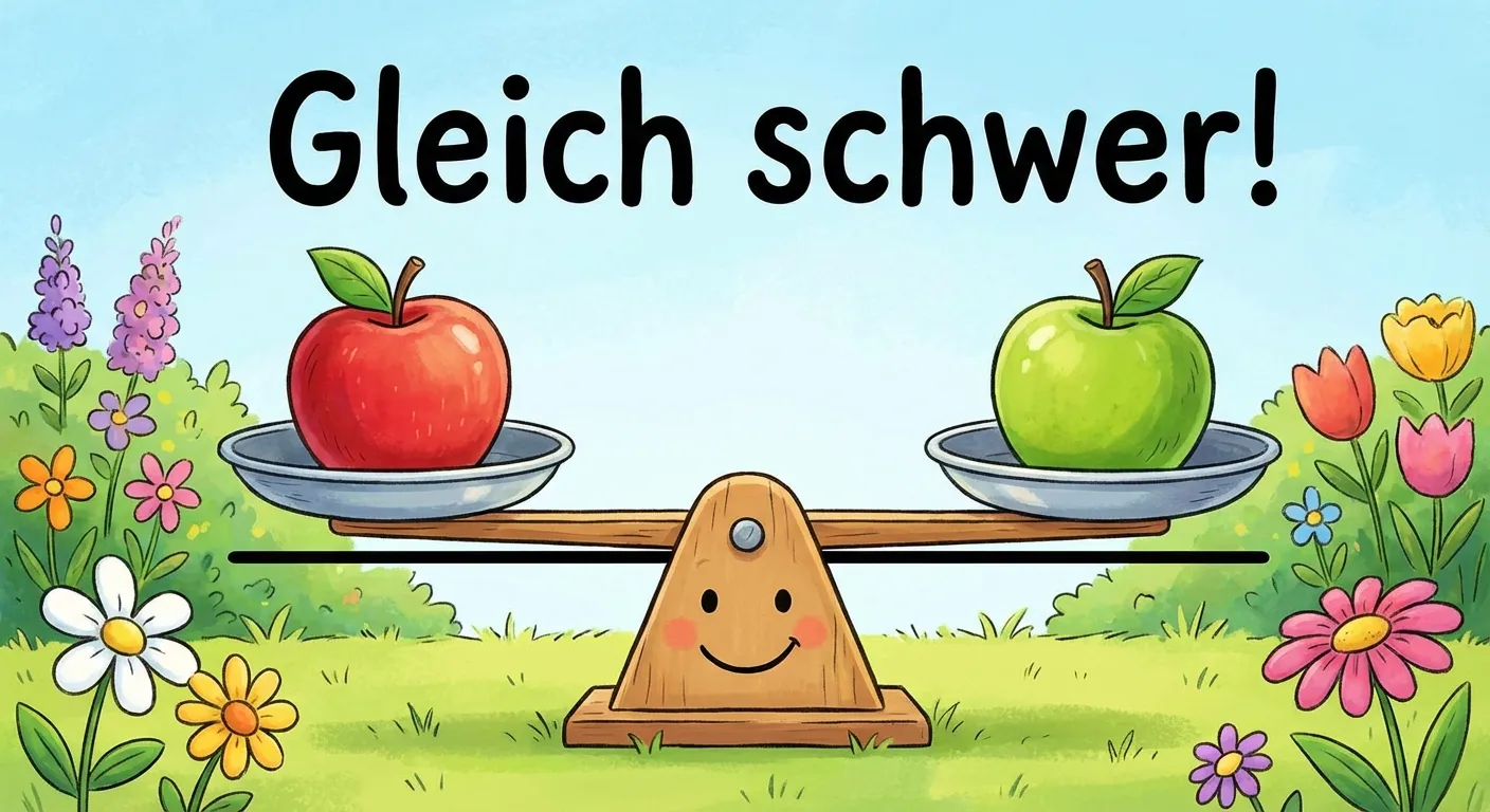 Erstelle eine Darstellung einer Balkenwaage im Gleichgewicht.

**Aufbau:**
- Eine Balkenwaage, die gerade und ausgeglichen ist
- Links: Ein roter Apfel
- Rechts: Ein grüner Apfel
- Beide Seiten auf gleicher Höhe
- Überschrift: „Gleich schwer!“

**Gestaltung:**
- Deutlich sichtbar, dass beide Seiten gleich hoch sind
- Horizontale Linie zeigt das Gleichgewicht
- Fröhliche Farben
- Kinderfreundlicher Stil
- Große, lesbare Beschriftung