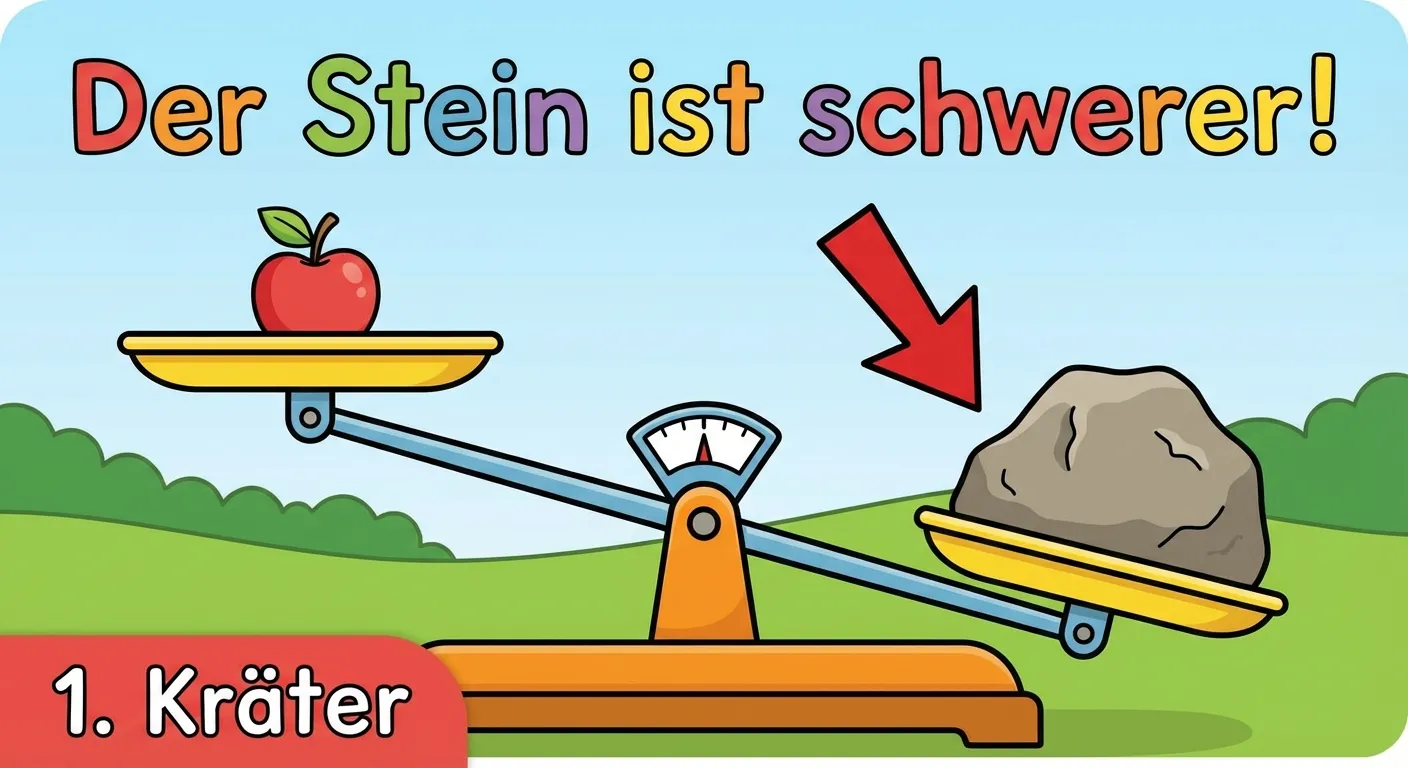 Erstelle eine Darstellung einer Balkenwaage, die zur schweren Seite kippt.

**Aufbau:**
- Eine Balkenwaage, die nach rechts kippt
- Links (oben): Ein leichter Apfel
- Rechts (unten): Ein schwerer Stein
- Pfeil zeigt nach unten zur schweren Seite
- Überschrift: „Der Stein ist schwerer!“

**Gestaltung:**
- Deutlich sichtbar, dass die rechte Seite unten ist
- Roter Pfeil zeigt nach unten
- Klare Beschriftung
- Fröhliche Farben
- Einfacher Cartoon-Stil für 1. Klasse