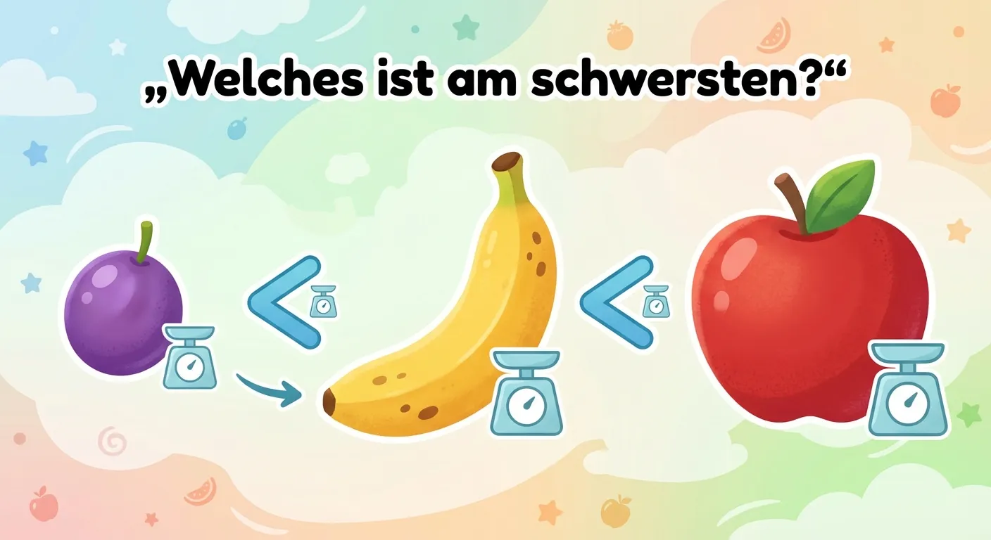 Erstelle eine Darstellung von Lebensmitteln, die nach Gewicht geordnet sind.

**Aufbau:**
- Drei Lebensmittel in einer Reihe
- Von links nach rechts (leicht zu schwer):
  1. Eine kleine Traube (leicht)
  2. Eine Banane (mittelschwer)
  3. Ein Apfel (schwerer)
- Waagensymbole zwischen den Gegenständen zeigen: Traube < Banane < Apfel
- Überschrift: „Welches ist am schwersten?