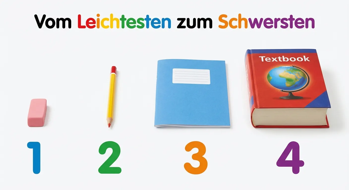 Erstelle eine Darstellung von Schulsachen, die nach Gewicht geordnet sind.

**Aufbau:**
- Vier Schulsachen in einer Reihe
- Von links nach rechts (leicht zu schwer):
  1. Ein Radiergummi (sehr leicht)
  2. Ein Buntstift (leicht)
  3. Ein Heft (mittelschwer)
  4. Ein dickes Buch (schwer)
- Zahlen 1, 2, 3, 4 unter jedem Gegenstand
- Überschrift: „Vom Leichtesten zum Schwersten“

**Gestaltung:**
- Bunte Schulsachen
- Klare Nummerierung
- Übersichtliche Anordnung
- Kinderfreundliche Farben
- Weißer Hintergrund