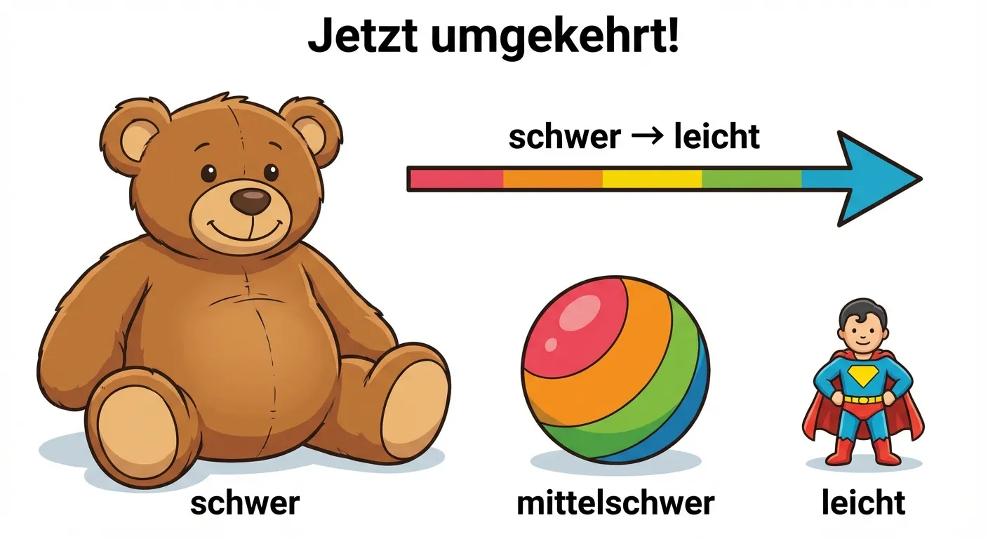 Erstelle eine Darstellung von Gegenständen, die vom Schwersten zum Leichtesten geordnet sind.

**Aufbau:**
- Drei Spielsachen in einer Reihe
- Von links nach rechts (schwer zu leicht):
  1. Ein großer Teddy (schwer)
  2. Ein Ball (mittelschwer)
  3. Eine kleine Spielfigur (leicht)
- Pfeil von links nach rechts mit Beschriftung: „schwer → leicht“
- Überschrift: „Jetzt umgekehrt!“

**Gestaltung:**
- Bunte Spielsachen
- Deutlicher Pfeil zeigt die Richtung
- Klare Größenunterschiede
- Kinderfreundlicher Cartoon-Stil
- Weißer Hintergrund