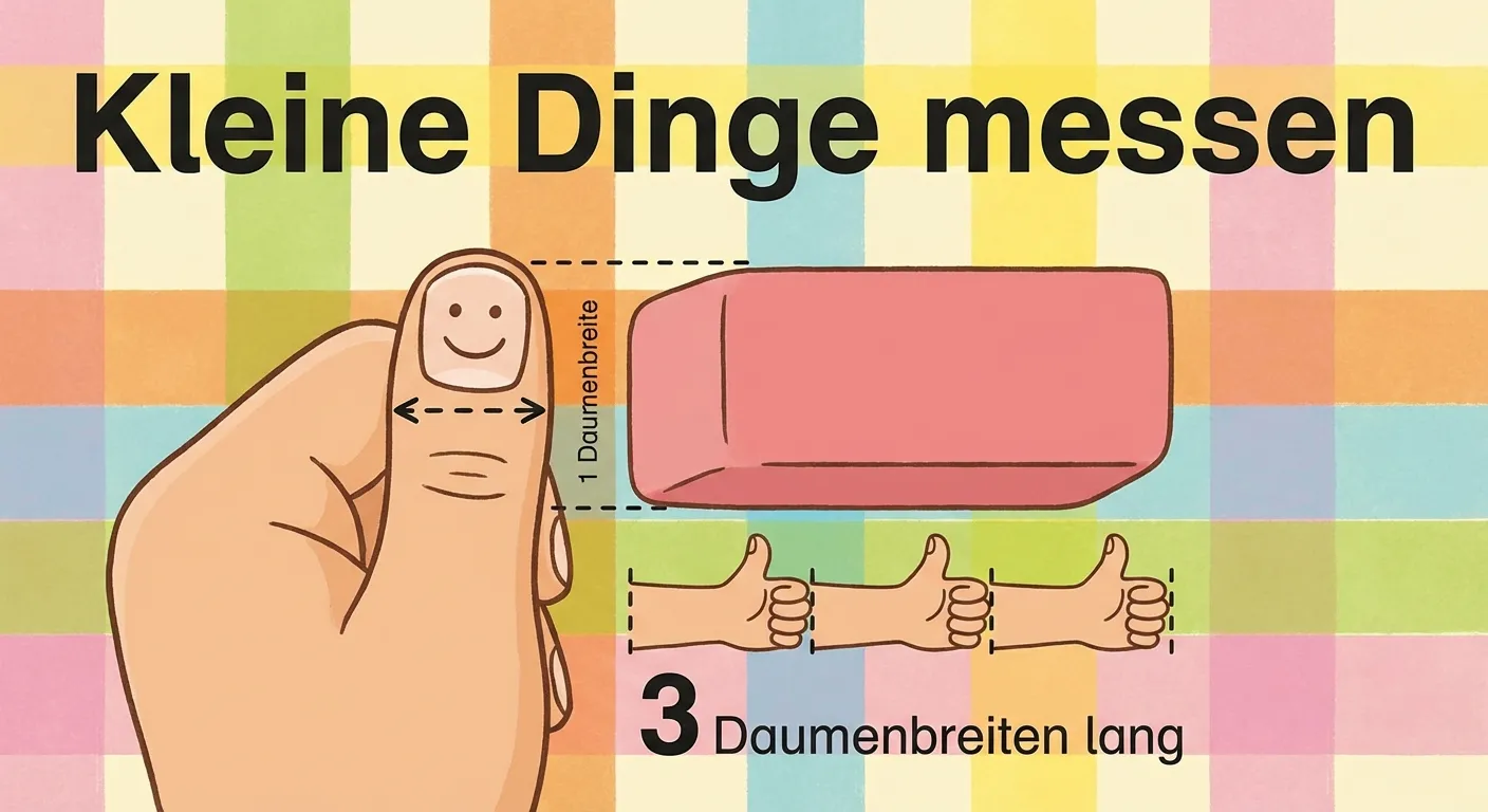 Zeige einen Kinderdaumen, der kleine Dinge misst.

**Aufbau:**
- Ein Kinderdaumen liegt neben einem Radiergummi
- Die Breite des Daumens ist markiert
- Text: „1 Daumenbreite“
- Der Radiergummi ist „3 Daumenbreiten“ lang

**Gestaltung:**
- Einfache, klare Darstellung
- Freundliche Farben
- Große, lesbare Zahlen
- Kinderfreundlich für 1. Klasse