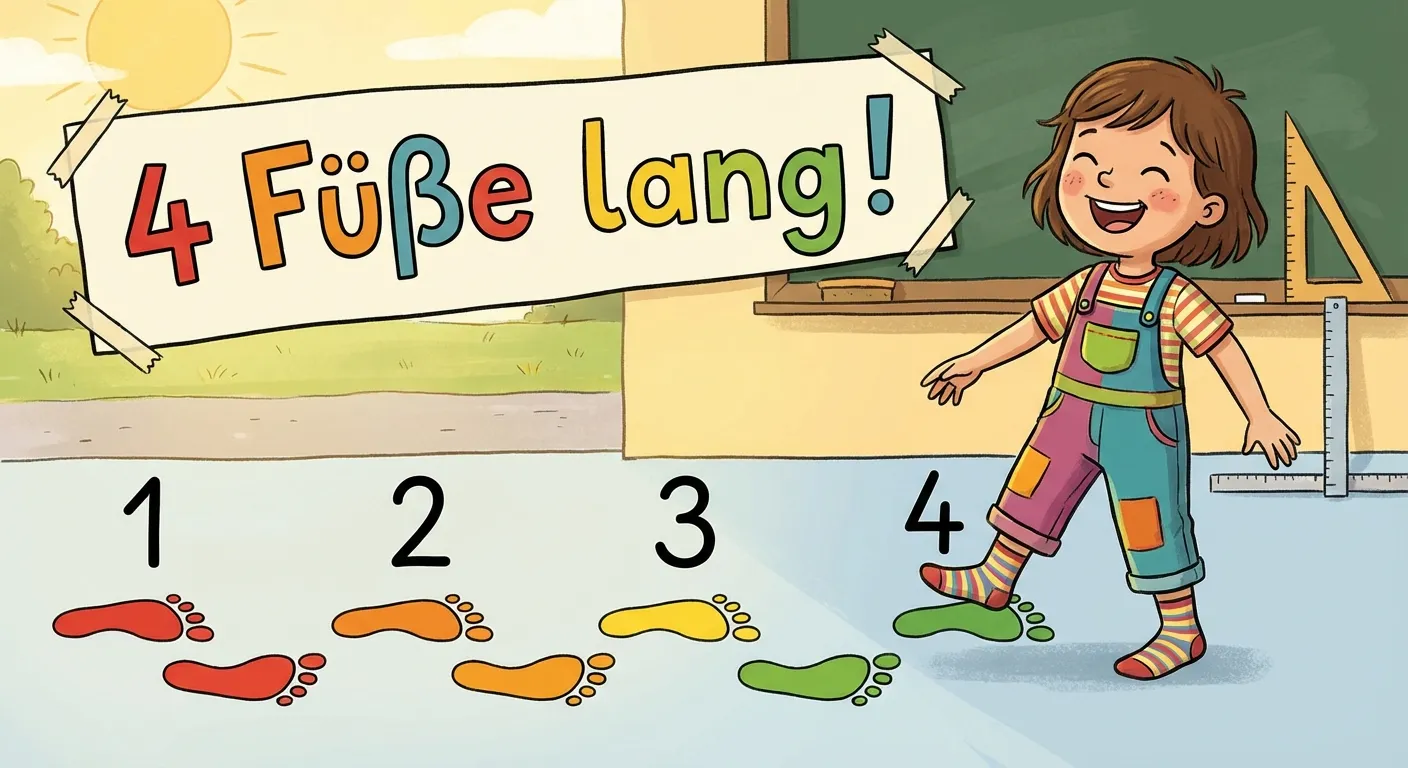 Zeige ein Kind, das mit seinen Füßen eine Strecke misst.

**Aufbau:**
- Ein Kind stellt einen Fuß vor den anderen
- Auf dem Boden: Fußabdrücke in einer Reihe
- Zahlen neben den Fußabdrücken: 1, 2, 3, 4
- Überschrift: „4 Füße lang!“

**Gestaltung:**
- Fröhlicher Cartoon-Stil
- Das Kind hat Spaß beim Messen
- Bunte Fußabdrücke
- Klare Zahlen
- Kinderfreundlich für 1. Klasse