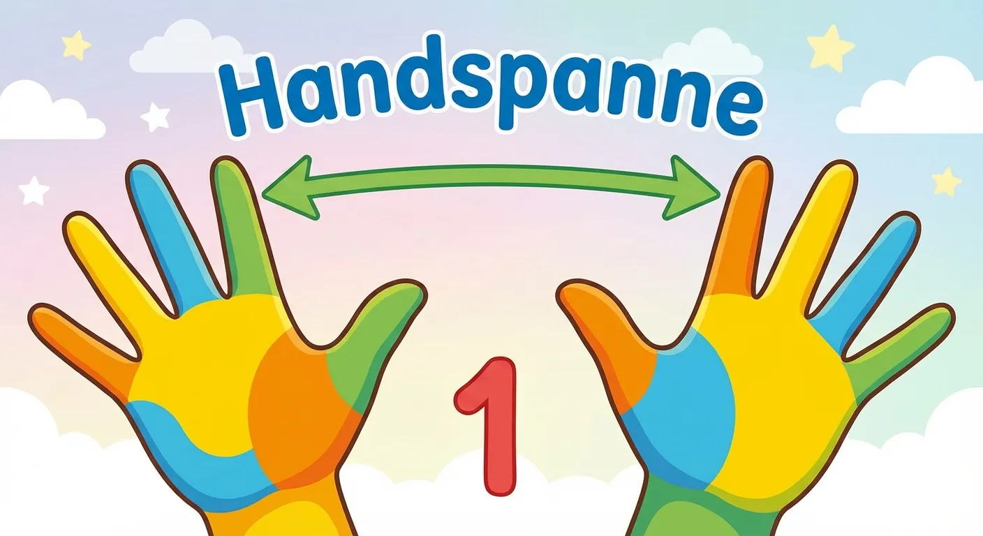 Zeige eine Kinderhand mit gespreizten Fingern und markierter Handspanne.

**Aufbau:**
- Eine Kinderhand von oben gesehen
- Finger sind gespreizt
- Ein Pfeil zeigt von Daumenspitze zu kleinem Finger
- Über dem Pfeil steht: „Handspanne“
- Die Zahl 1 unter der Hand

**Gestaltung:**
- Klare, übersichtliche Darstellung
- Bunte Kinderhand (nicht zu realistisch)
- Große, gut lesbare Beschriftung
- Freundliche Farben
- Geeignet für 1. Klasse