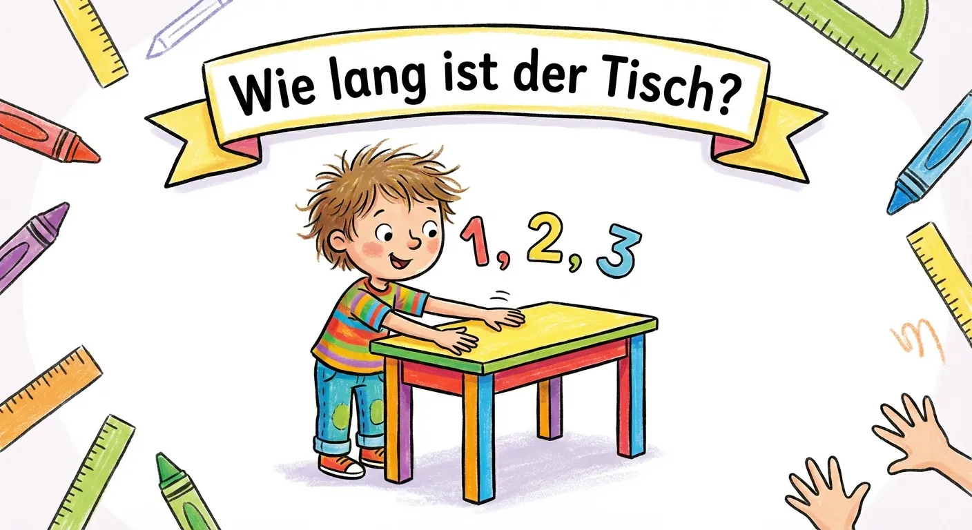 Erstelle eine freundliche Illustration zum Thema Messen für Erstklässler.

**Aufbau:**
- Ein Kind steht an einem kleinen Tisch
- Das Kind legt seine Handflächen flach auf den Tisch, eine neben die andere
- Überschrift: „Wie lang ist der Tisch?“
- Kleine Zahlen über den Händen: 1, 2, 3

**Gestaltung:**
- Cartoon-Stil, fröhlich und bunt
- Das Kind sieht neugierig und fröhlich aus
- Helle, freundliche Farben
- Weißer oder heller Hintergrund
- Kinderfreundlich für 1. Klasse