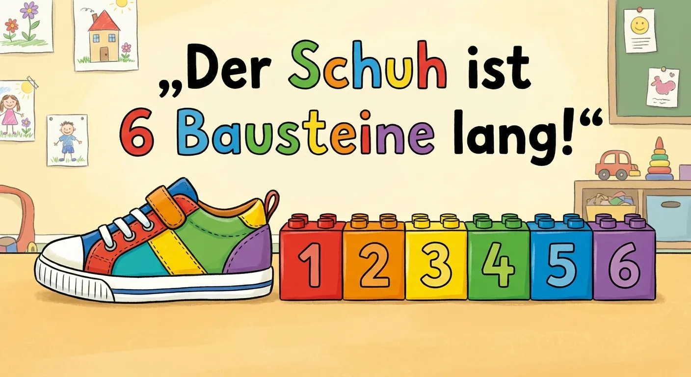 Zeige, wie Bausteine einen Kinderschuh messen.

**Aufbau:**
- Ein Kinderschuh liegt von der Seite
- 6 bunte Bausteine liegen in einer Reihe daneben
- Die Reihe ist so lang wie der Schuh
- Text: „Der Schuh ist 6 Bausteine lang!“

**Gestaltung:**
- Bunte Bausteine in verschiedenen Farben
- Ein bunter Kinderschuh
- Klare Anordnung
- Große, lesbare Zahlen
- Fröhlicher Stil für 1. Klasse