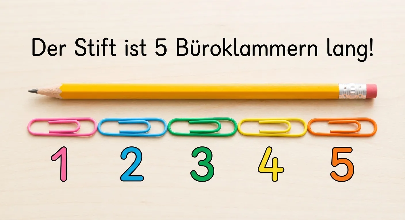 Zeige Büroklammern, die einen Bleistift messen.

**Aufbau:**
- Ein Bleistift liegt horizontal
- 5 bunte Büroklammern liegen in einer Reihe darunter
- Jede Büroklammer berührt die nächste
- Text: „Der Stift ist 5 Büroklammern lang!“
- Zahlen unter den Klammern: 1, 2, 3, 4, 5

**Gestaltung:**
- Bunte Büroklammern (rosa, blau, grün, gelb, orange)
- Klare Anordnung von links nach rechts
- Große, gut lesbare Zahlen
- Heller Hintergrund
- Kinderfreundlich für 1. Klasse
