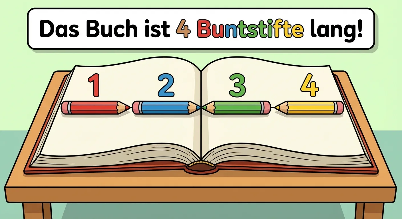 Zeige, wie man mit Buntstiften ein Buch misst.

**Aufbau:**
- Ein Buch liegt flach auf dem Tisch
- 4 Buntstifte liegen nebeneinander auf dem Buch
- Die Buntstifte bedecken die ganze Länge des Buchs
- Text darüber: „Das Buch ist 4 Buntstifte lang!“

**Gestaltung:**
- Bunte Stifte in verschiedenen Farben (rot, blau, grün, gelb)
- Klare, übersichtliche Anordnung
- Große, lesbare Zahlen
- Fröhlicher Cartoon-Stil
- Kinderfreundlich für 1. Klasse