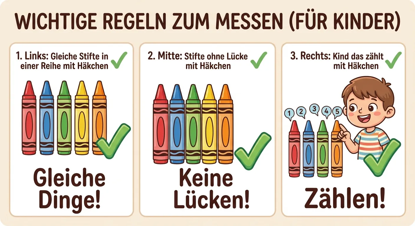Zeige die wichtigsten Regeln zum Messen für Kinder.

**Aufbau:**
Drei Bereiche untereinander:
1. Links: Gleiche Stifte in einer Reihe mit Häkchen ✓ „Gleiche Dinge!“
2. Mitte: Stifte ohne Lücke mit Häkchen ✓ „Keine Lücken!“
3. Rechts: Kind das zählt mit Häkchen ✓ „Zählen!“

**Gestaltung:**
- Drei klare Symbole für die Regeln
- Grüne Häkchen für richtig
- Einfache, kindgerechte Darstellung
- Große, lesbare Wörter
- Heller Hintergrund