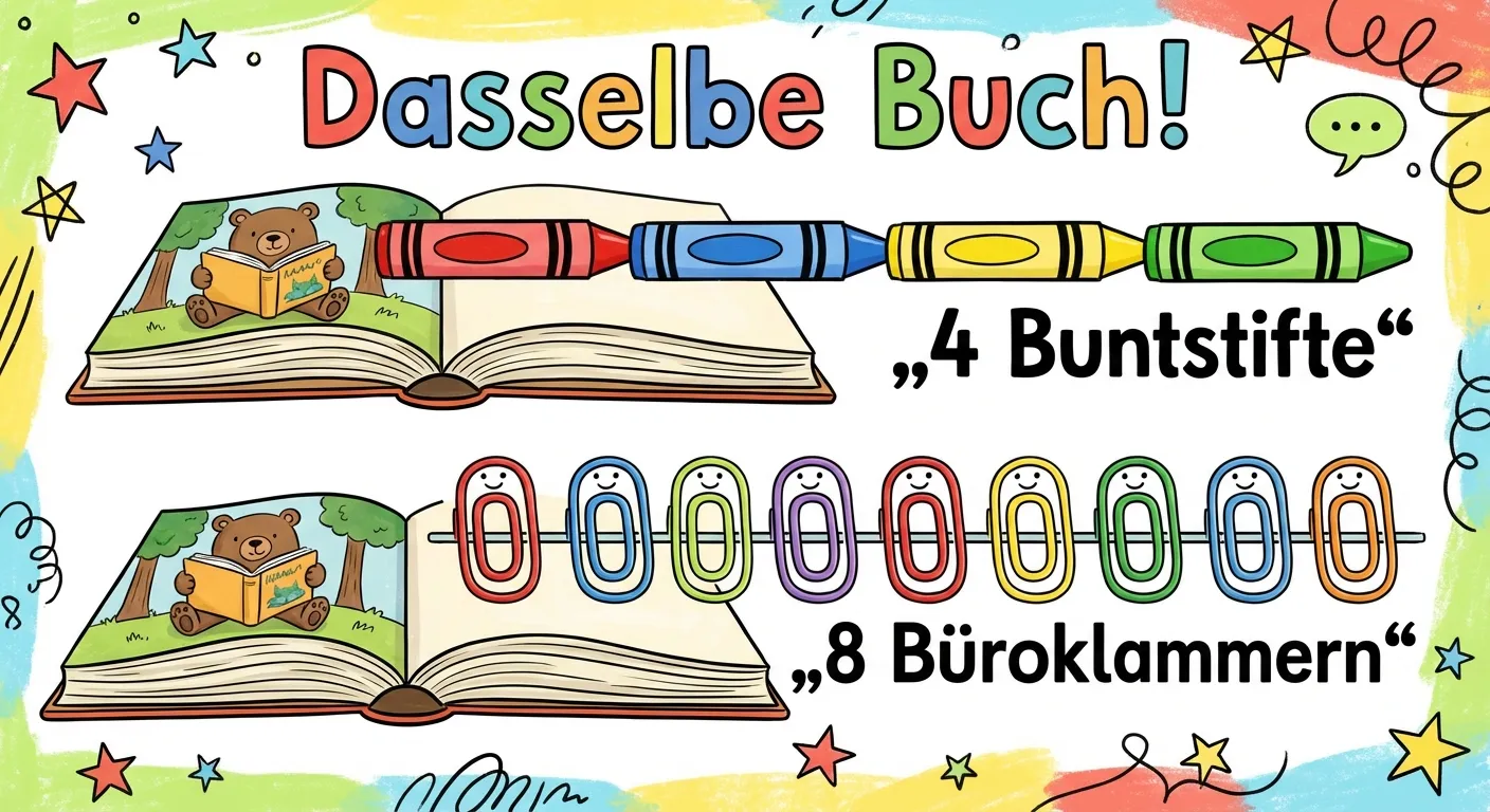 Zeige, wie ein Buch mit verschiedenen Einheiten unterschiedlich lang ist.

**Aufbau:**
- Ein Buch in der Mitte
- Oben: 4 Buntstifte neben dem Buch, Text: „4 Buntstifte“
- Unten: 8 Büroklammern neben dem Buch, Text: „8 Büroklammern“
- Überschrift: „Dasselbe Buch!“

**Gestaltung:**
- Bunte Darstellung
- Klarer Vergleich oben und unten
- Das gleiche Buch zweimal gezeigt
- Große, lesbare Zahlen und Texte
- Kinderfreundlich für 1. Klasse