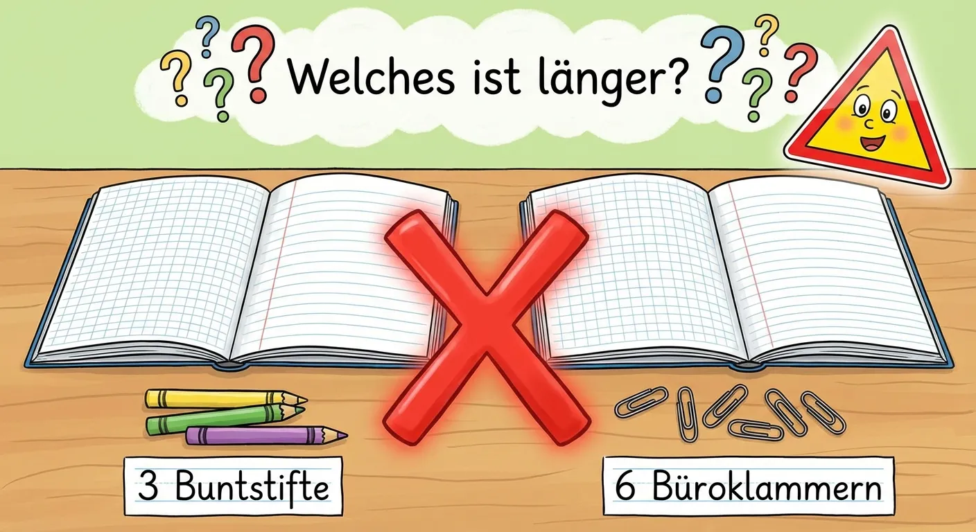 Zeige einen falschen Vergleich mit verschiedenen Einheiten.

**Aufbau:**
- Zwei Bücher nebeneinander
- Unter dem ersten: 3 Buntstifte, Text: „3 Buntstifte“
- Unter dem zweiten: 6 Büroklammern, Text: „6 Büroklammern“
- Ein großes rotes X in der Mitte
- Fragezeichen: „Welches ist länger? ???“

**Gestaltung:**
- Rotes X zeigt: das geht nicht!
- Verwirrte Fragezeichen
- Verschiedene Einheiten klar erkennbar
- Deutliche Warnung
- Kinderfreundlich für 1. Klasse