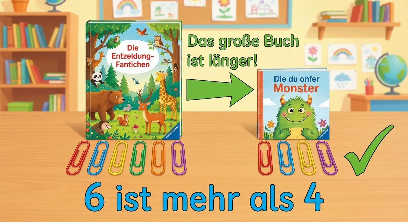 Zeige, wie man zwei Bücher richtig vergleicht.

**Aufbau:**
- Zwei Bücher nebeneinander (eines größer, eines kleiner)
- Unter dem großen Buch: 6 Büroklammern
- Unter dem kleinen Buch: 4 Büroklammern
- Text: „6 ist mehr als 4“ und „Das große Buch ist länger!“
- Grünes Häkchen ✓

**Gestaltung:**
- Klarer Vergleich nebeneinander
- Gleiche bunte Büroklammern bei beiden
- Große, lesbare Zahlen
- Fröhliche Farben
- Kinderfreundlich für 1. Klasse